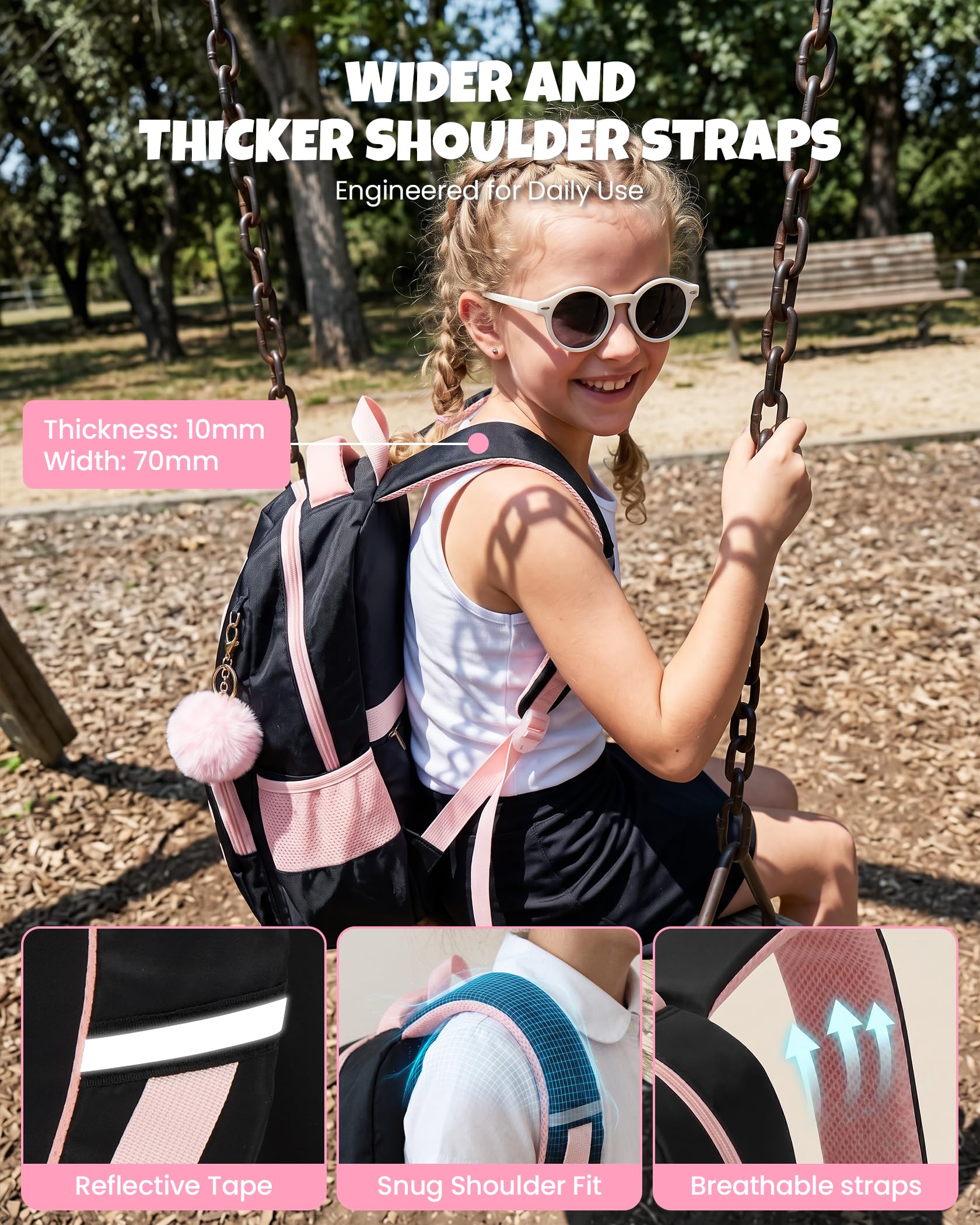 Amythe Sac à Dos Fille Primaire 3 Pièce, Ensemble Cartable Enfant Scolaire avec Sacs à Déjeuner et Trousse Crayon, Sac Ecole pour Fille 8 à 15 ans, Noir