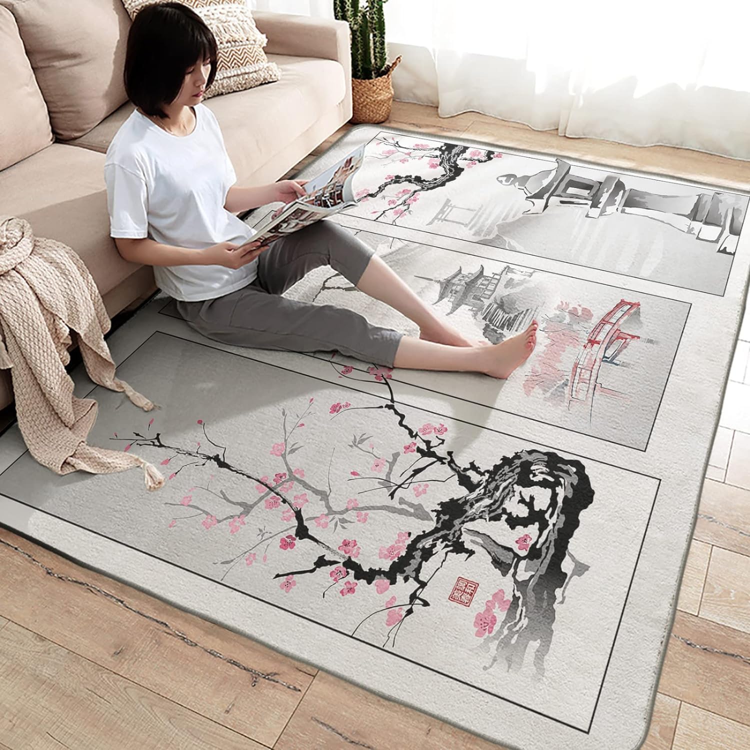 Tapis de Salon Fleurs de Cerisier Japonais 120x170 cm Poil Court Moderne Style Asiatique Gris 3D Doux Lavable Antidérapant pour Entrée, Cuisine, Chambre, Couloir Y4281
