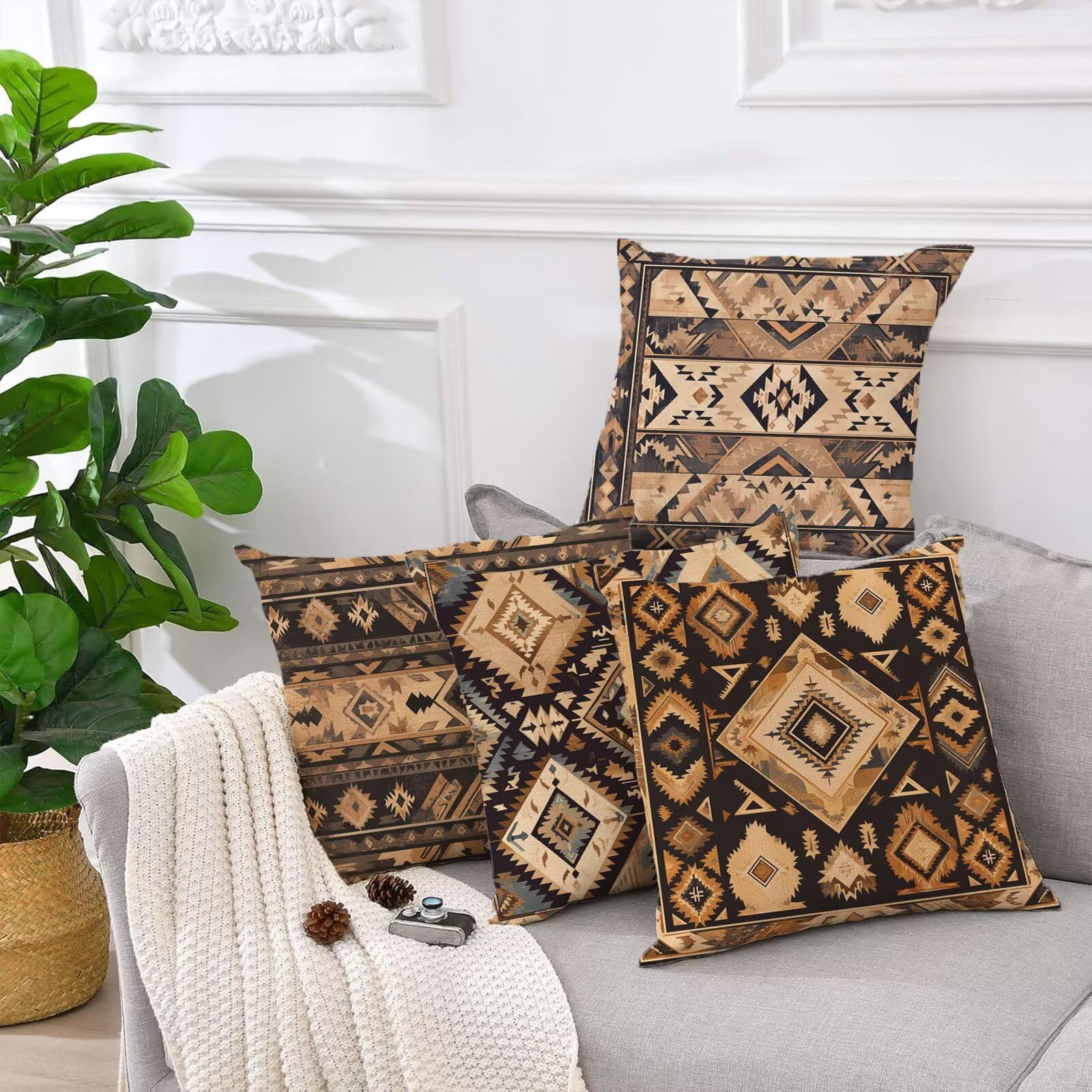 Outdoor Kissen Beige Kissenbezug 60x60 cm 4er Set Balkon Dekokissen Böhmen Outdoor Kissenhülle Wasserdichte Samt Doppelseitiger Gedruckte Sofakissen Garten Balkon Zierpolster OutdoorDeko, Gifts z-815
