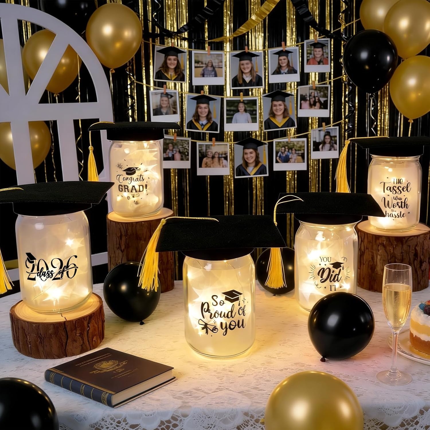 6 Sets 2026 Graduation Centerpieces for Tables, Mason Jar Centerpieces with Graduation Caps, Money Jars for College High School Congrats Grad Party Decor Supplies