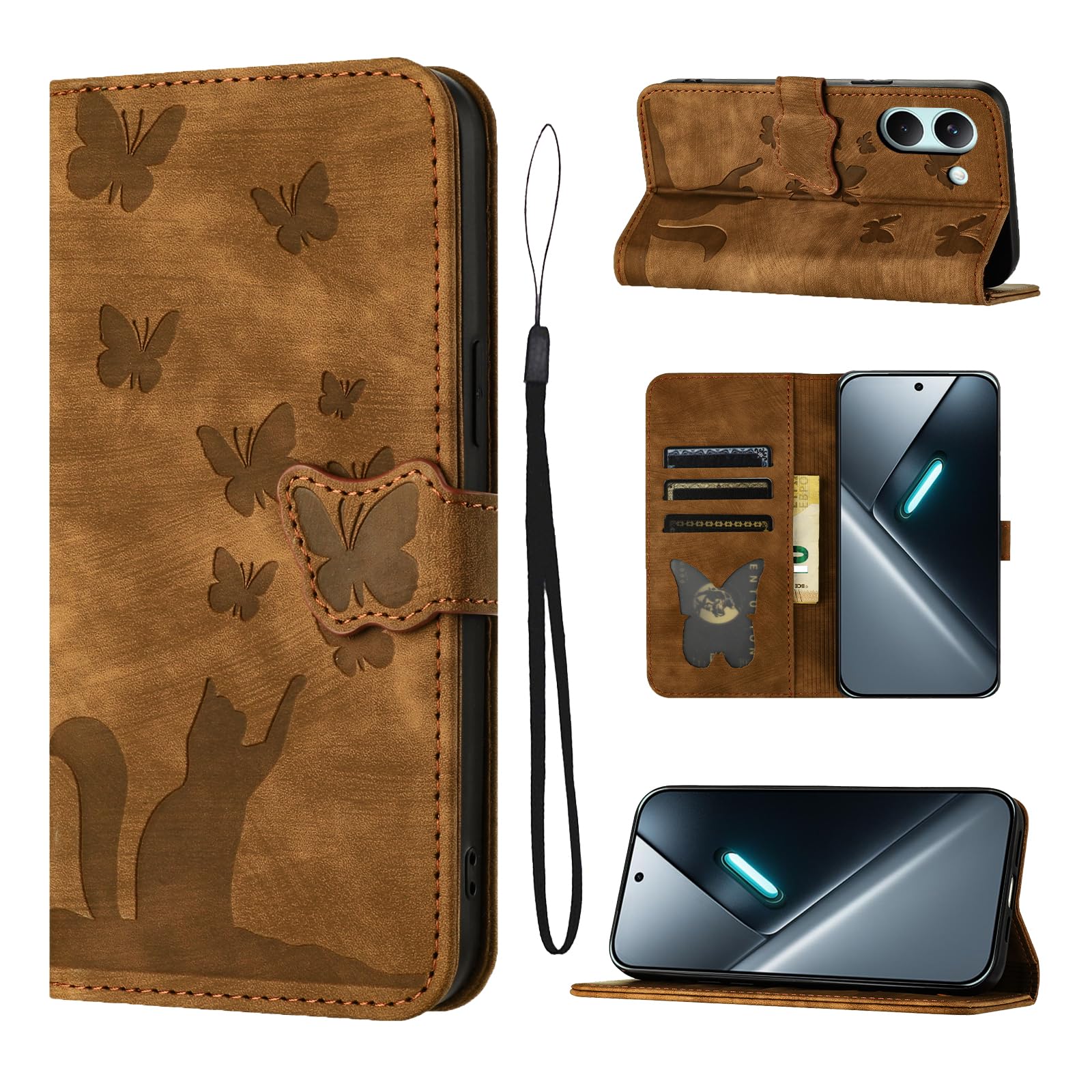 LSPCASA Cover per Xiaomi Poco X8 Pro 6.59" Custodia Cover Premium Pelle PU Portafoglio a Libro Flip Case Con Slot Per Schede e Funzione Supporto Gatto farfalla Case per Xiaomi Poco X8 Pro Marrone