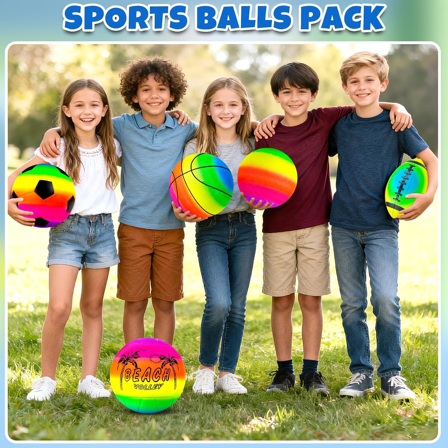 5 Pack Sports Balls Set for Kids & Toddlers - Includes 8.5'' Basketball Soccer Football Volleyball & Rainbow Playground Ball, Inflatable Bouncy Balls Toys Gift for Indoor Outdoor Party Games Play