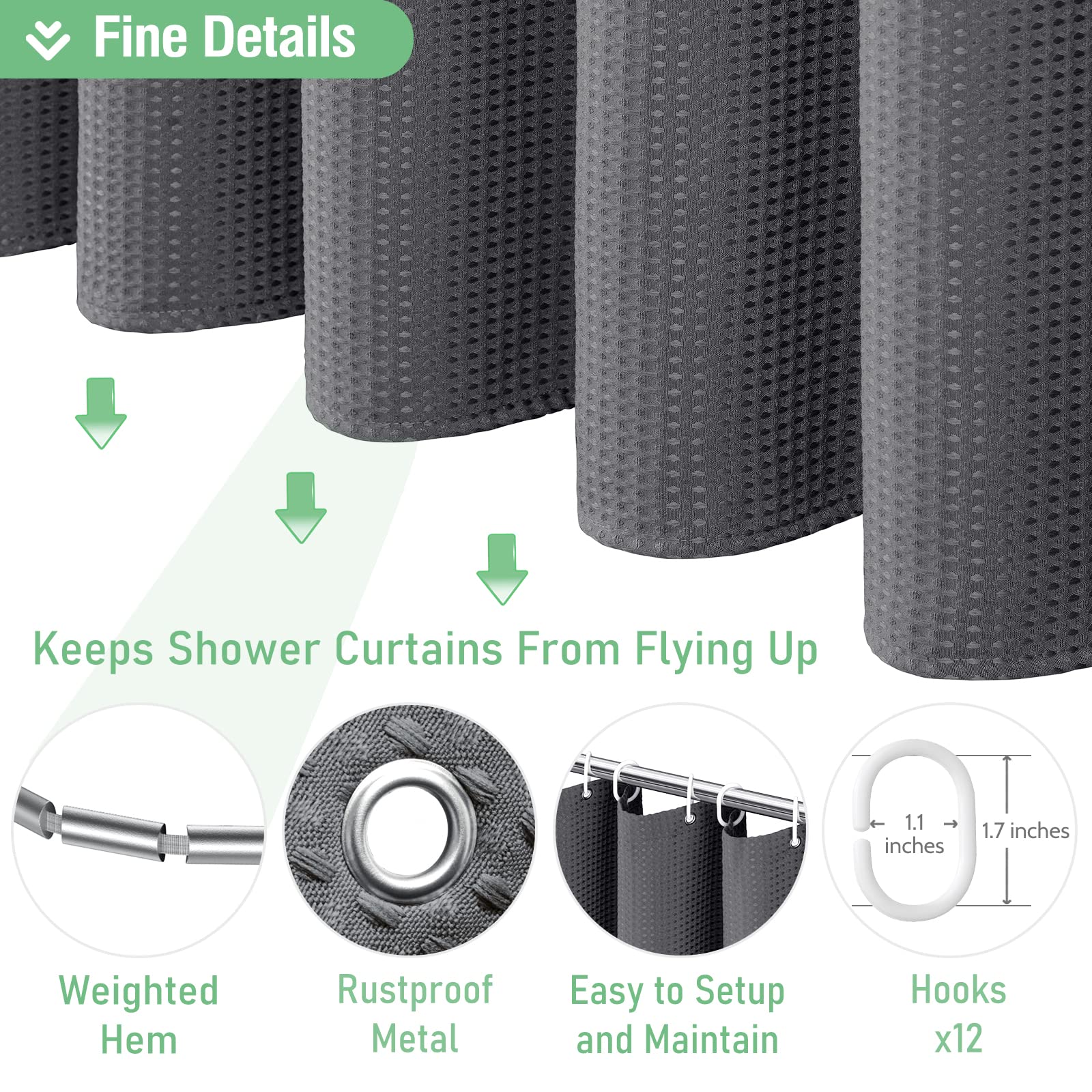 Dynamene Tenda Da Doccia Extra Lunga In Ciniglia Grigia A Righe – 200 Cm, Con Ganci, Stile Shabby Chic