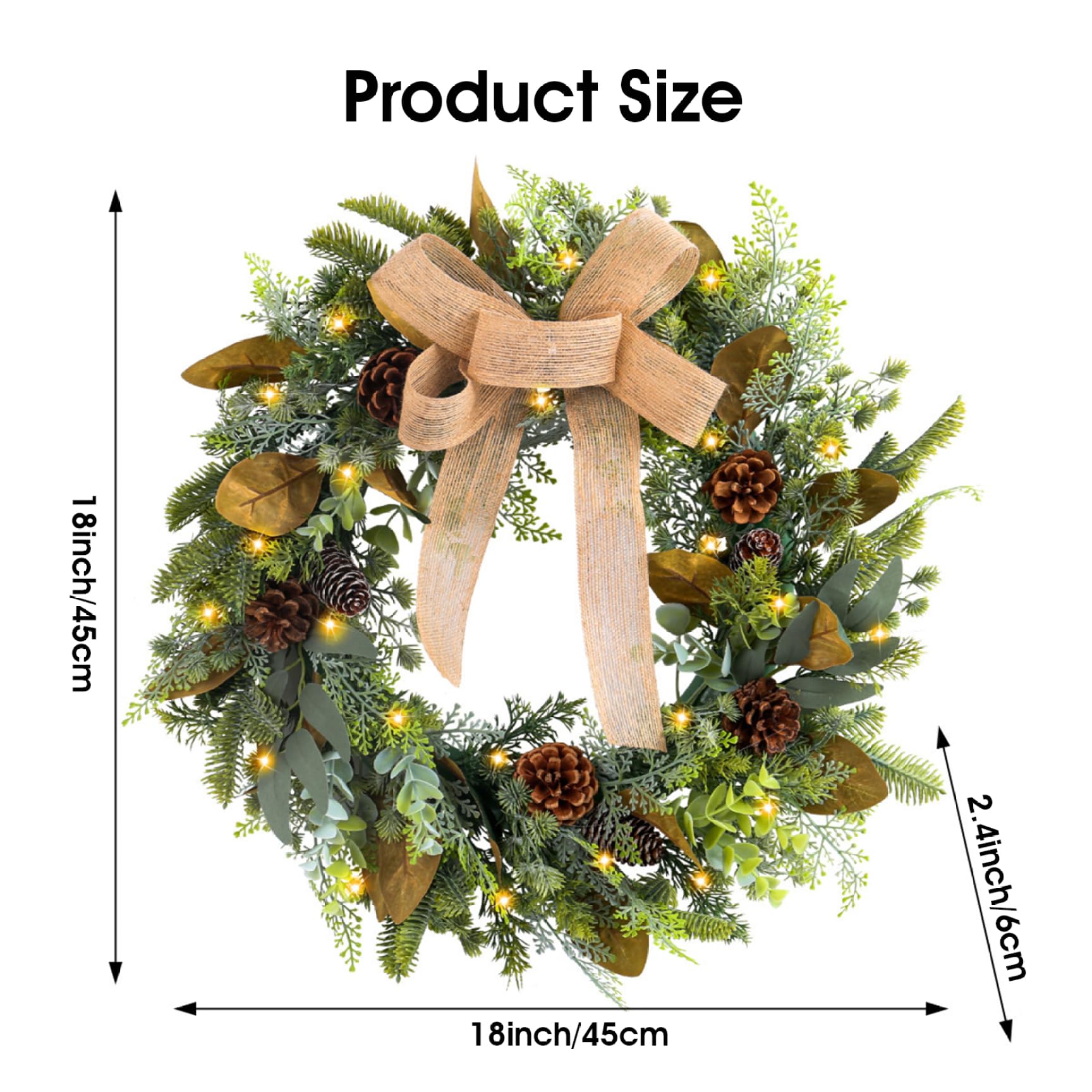 Couronne Artificielle, Couronne de Noël avec des lumières LED, Noël Suspendu de 18 Pouces avec Grand Arc, pinone, Feuilles pour la Porte d'entrée décor Vacances
