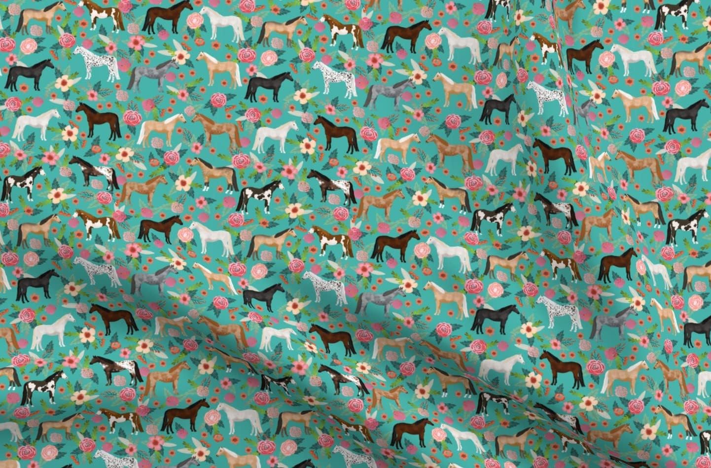 Spoonflower Fabric - Watercolor Horses Aqua Equestrian Farm Animal Horseback Riding Kids Printed on Organic Cotton Sateen Fabric by The Yard - Sewing Quilting Apparel Home Decor