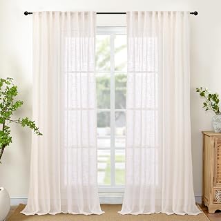 YoungsTex Extra Long Linen Curtains 108 Inch Length for Living Room - Semi Sheer Drapes Light Filtering with Rod Pocket Back Tab Rustic Lightweight for Bedroom Windows, 2 Panels, 52 X 108 Inch