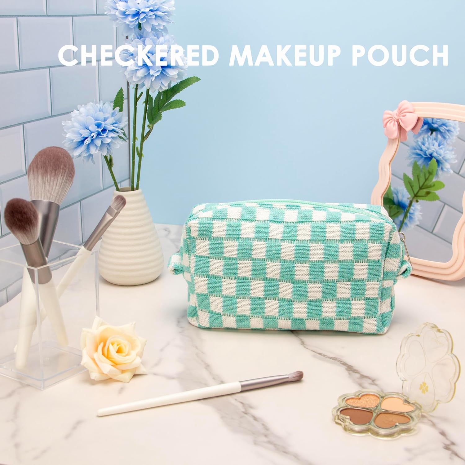 Checkered Makeup Bag for Purse, Small Travel Cosmetic Pouch,Arctic Blue image 3
