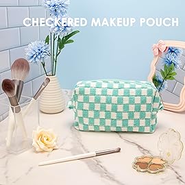 PAZIMIIK Checkered Makeup Bag for Purse Portable Zipper Make Up Pouch Small Cosmetic Case for Travel Accessories Arctic Blue