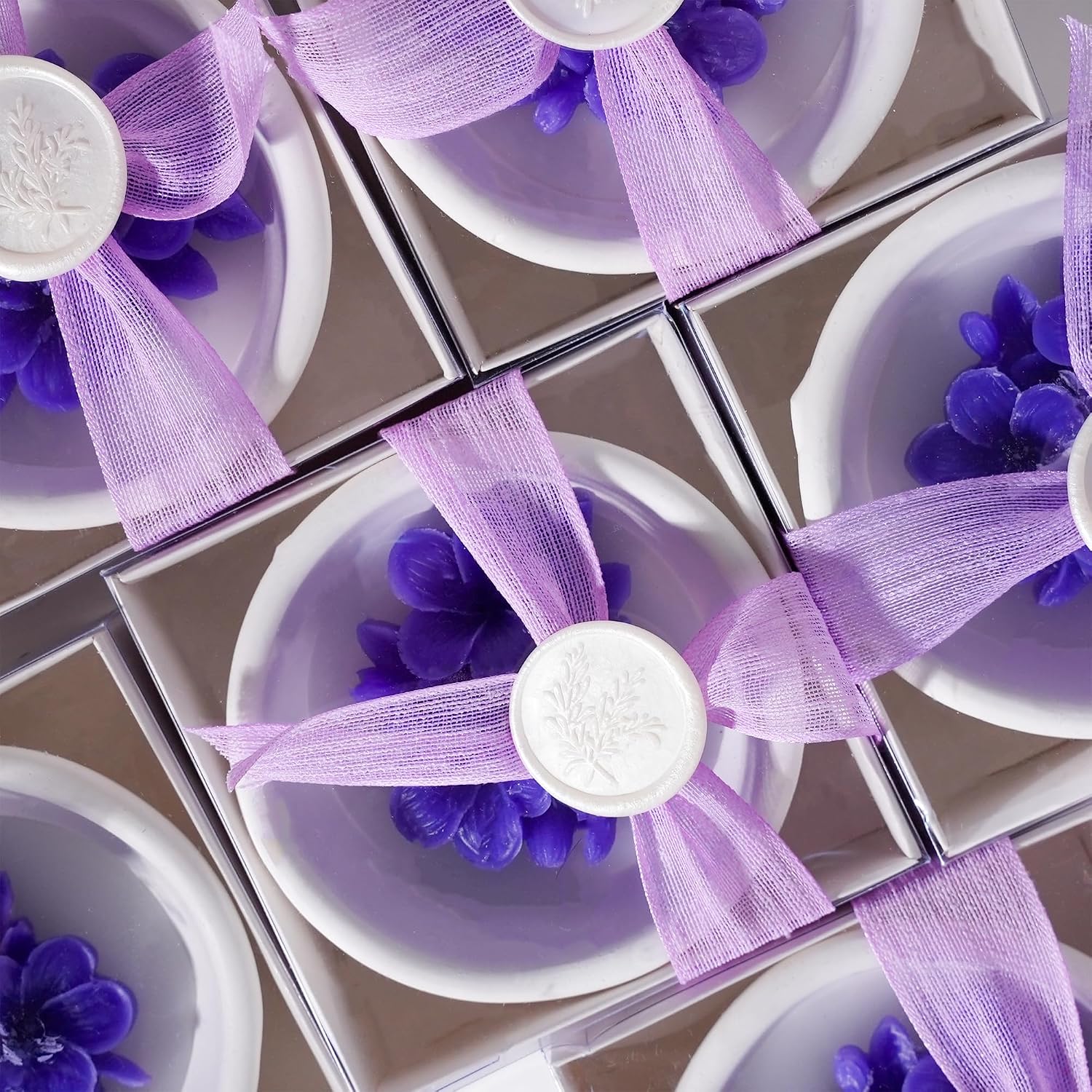 Purple Violet Scented Soy Wax Candles Set of 6 in Ceramic Bowls, Elegant Thank You Gifts for Wedding, Bridal Shower, Party Guests, & Home Decor