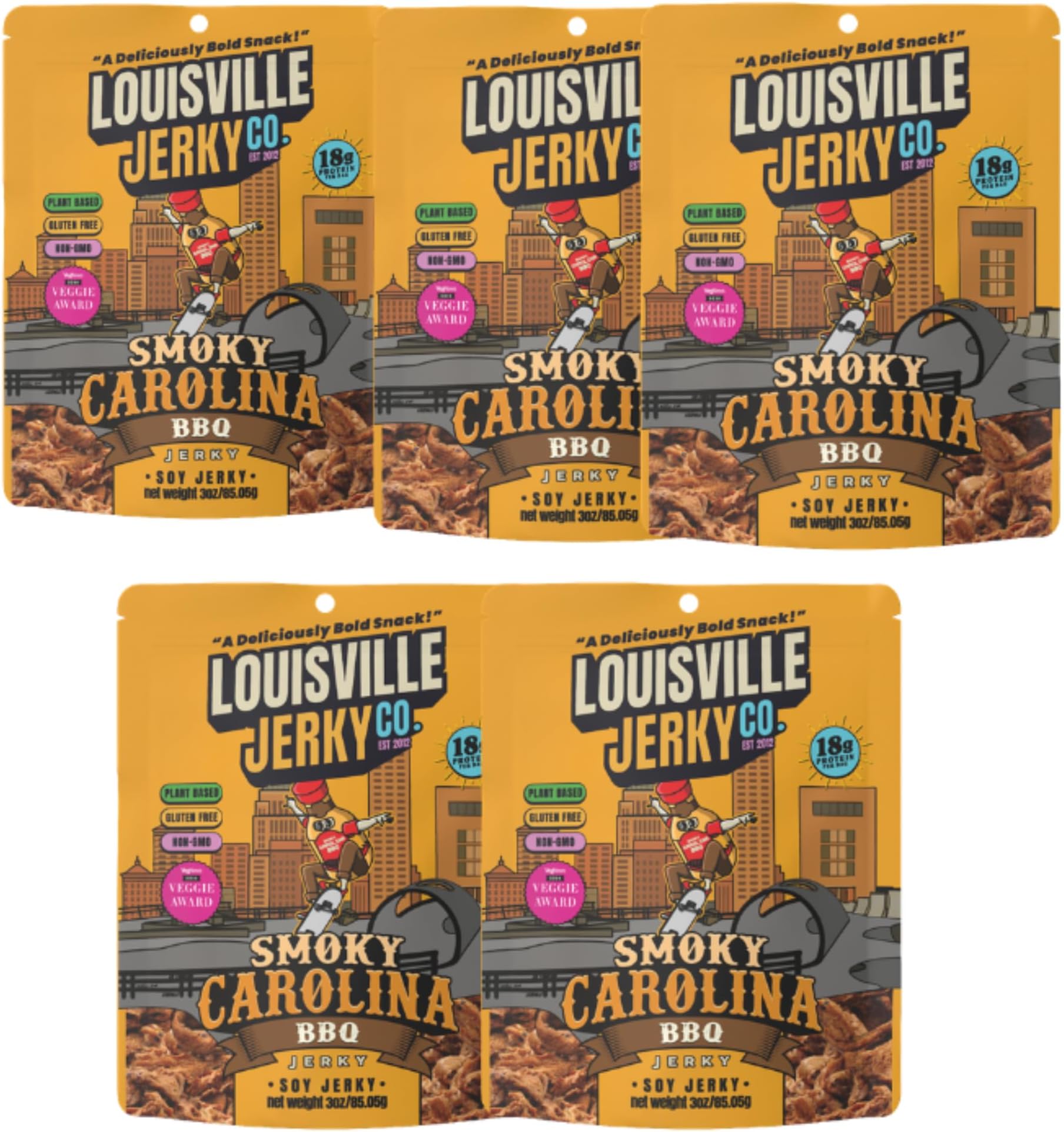 Louisville Jerky Co. Sweet & Smoky Carolina Mustard BBQ Vegan Jerky, Plant Based Protein Snack (3 Ounce, 5-Pack) – Smoky Southern BBQ Flavor, Gluten-Free, Vegetarian