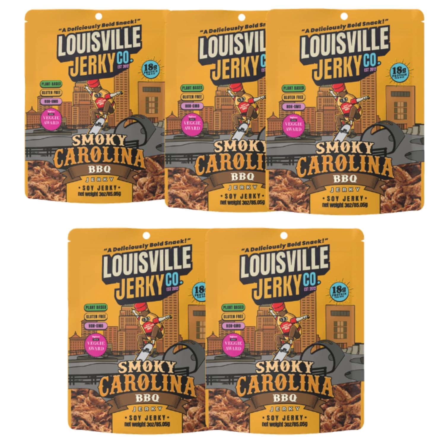 Louisville Jerky Co. Sweet & Smoky Carolina Mustard BBQ Vegan Jerky, Plant Based Protein Snack (3 Ounce, 5-Pack) – Smoky Southern BBQ Flavor, Gluten-Free, Vegetarian
