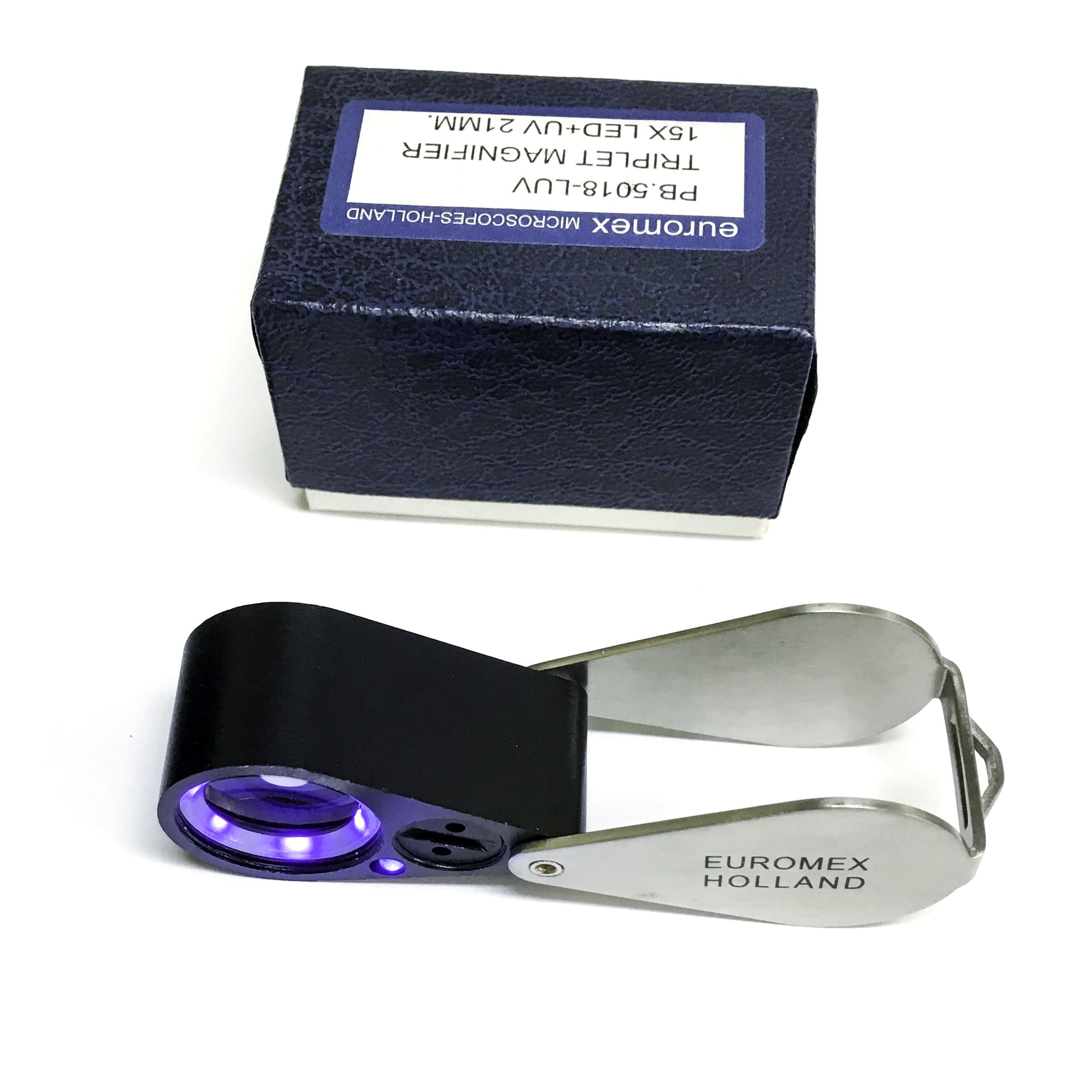 Achromatische Lupe Triple faltbar Euromex 15 x 21 mm – weiße LED und UV