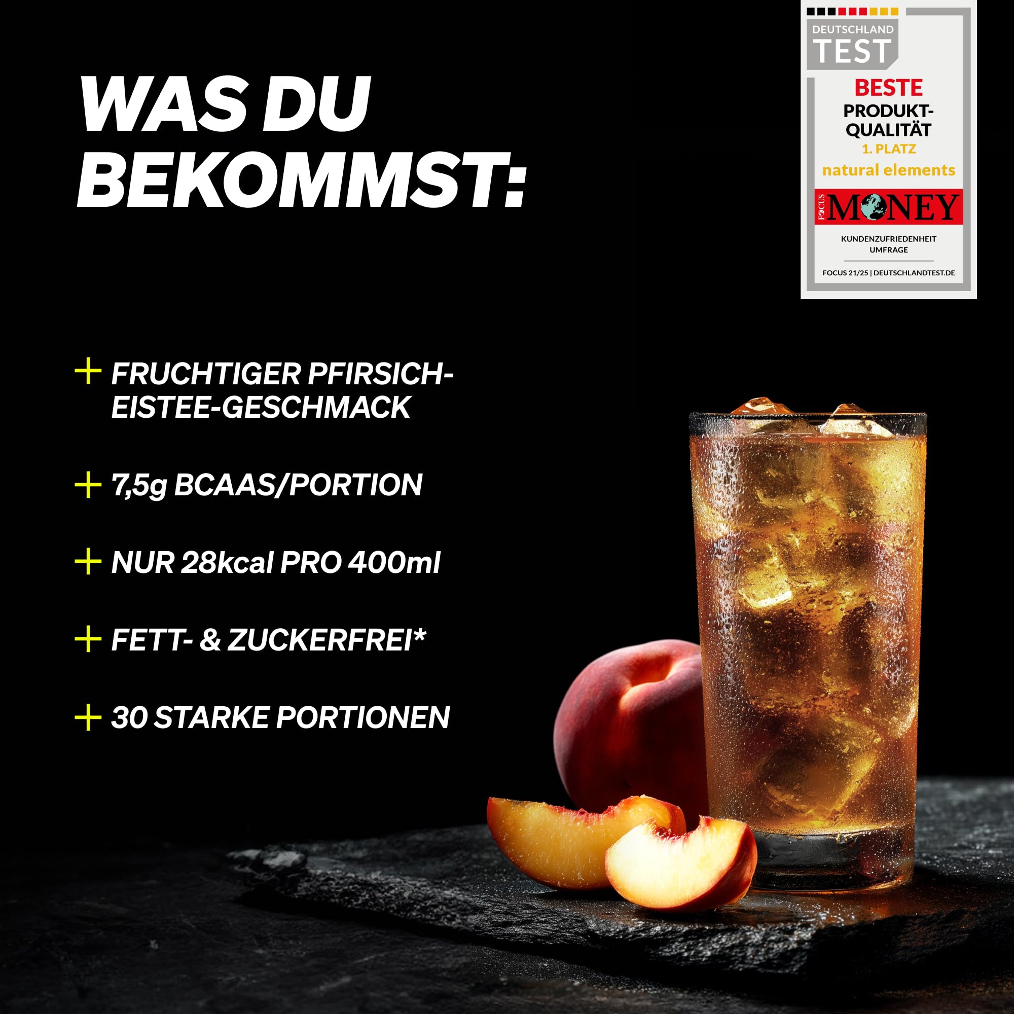 BCAA Pulver – Geschmack: Pfirsich Eistee – 30 Portionen (300g) – Leucin, Isoleucin & Valin im 2:1:1 Verhältnis – kalorienarm, fett- & zuckerfrei* – ohne Acesulfam K – in Deutschland entwickelt