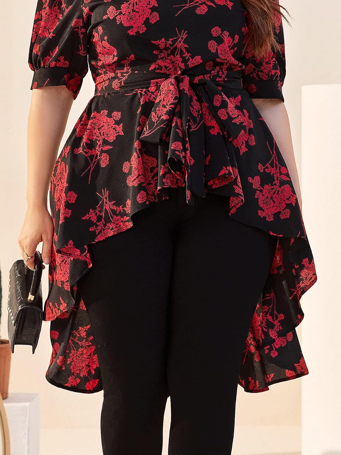 Floerns Women's Plus Size Leopard Short Sleeve High Low Belted Peplum Top Blouse