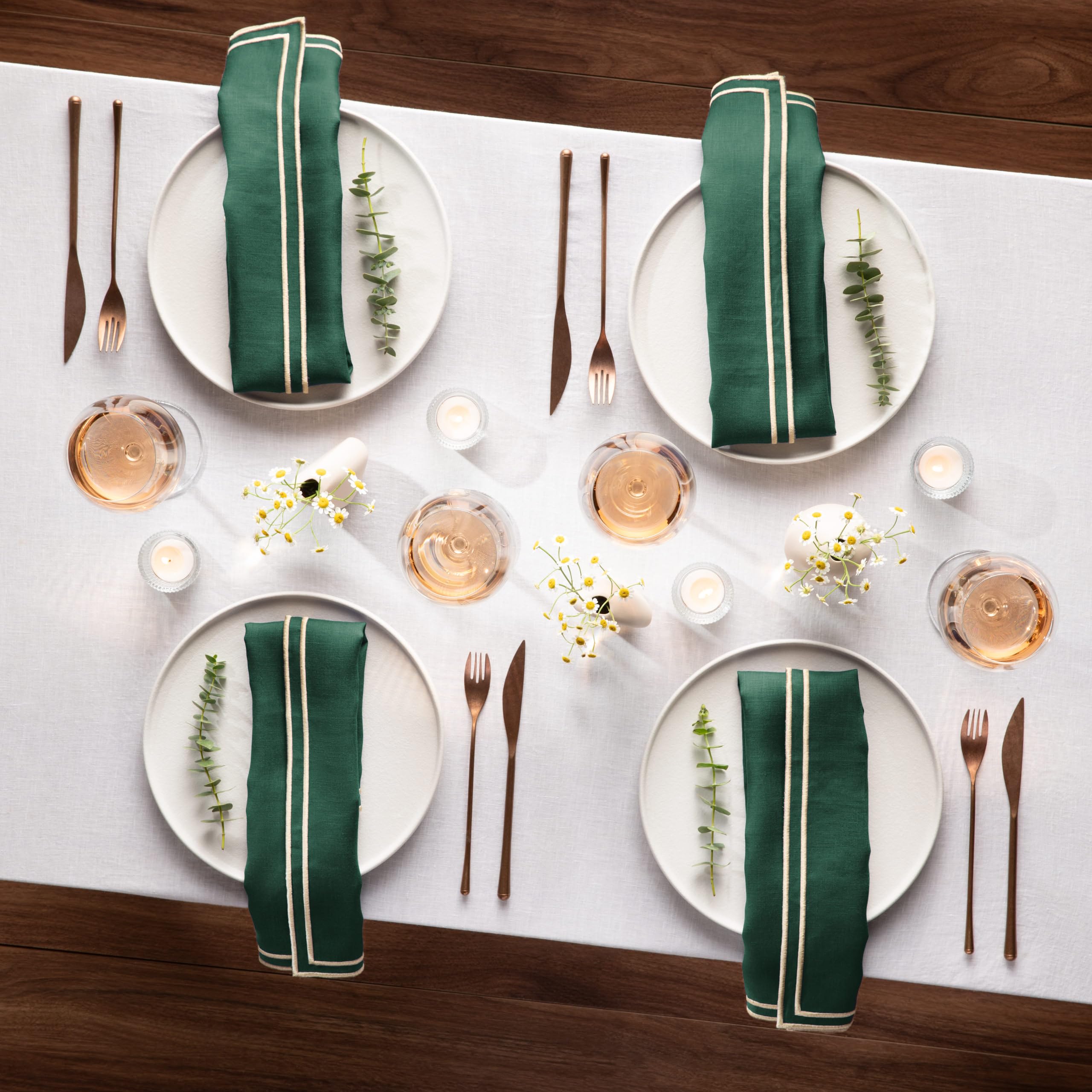 Juego de 4 servilletas de lino 100 % puro, color verde, con borde dorado bordado, 20 x 20 pulgadas, servilletas de tela lavables para otoño, Acción de Gracias y Navidad