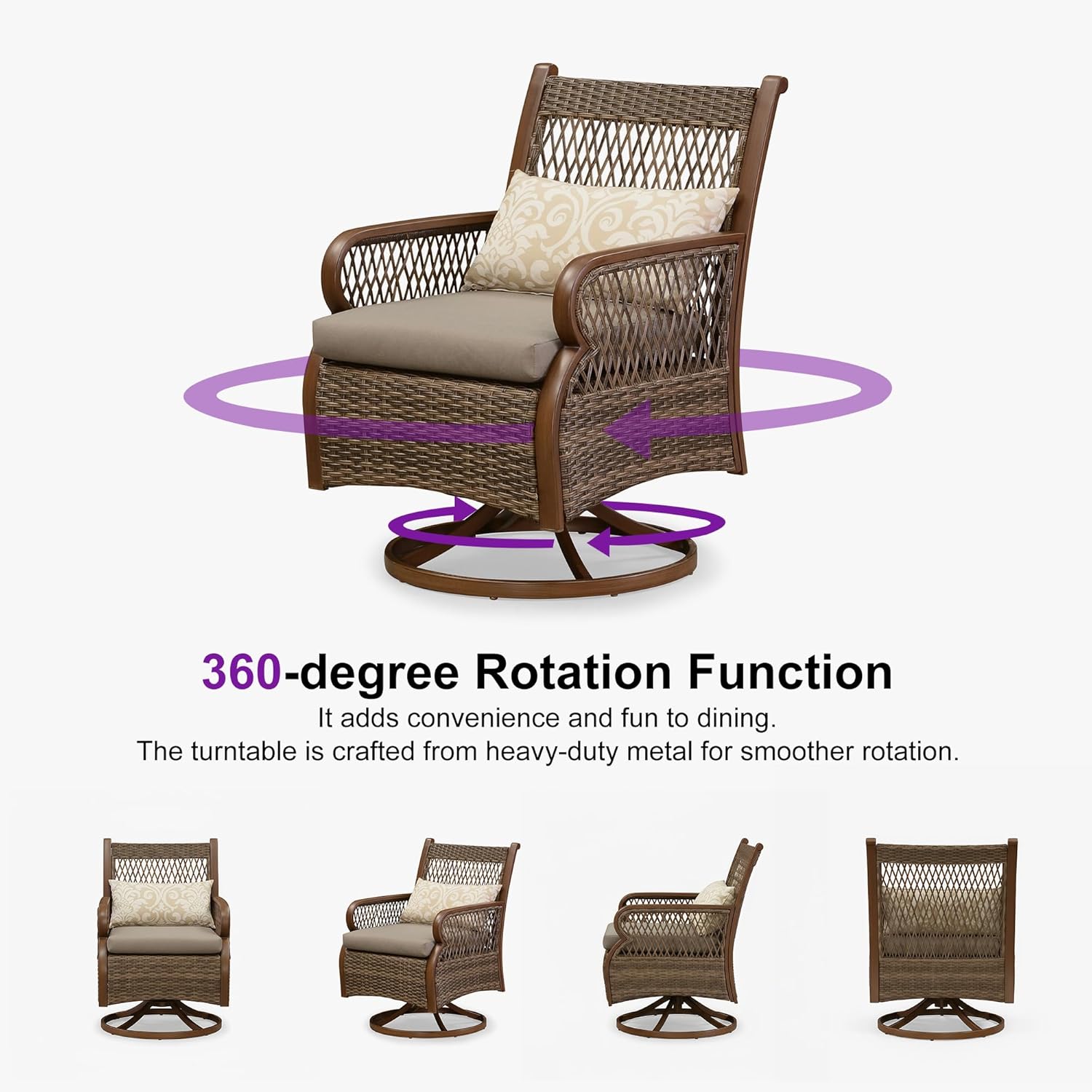 PURPLE LEAF Outdoor Dining Set for 6 All Weather Wicker Patio Dining Set with Hand-Woven Rattan Swivel Dining Chais and Rectangular Aluminum Table for Garden Deck Backyard Kitchen