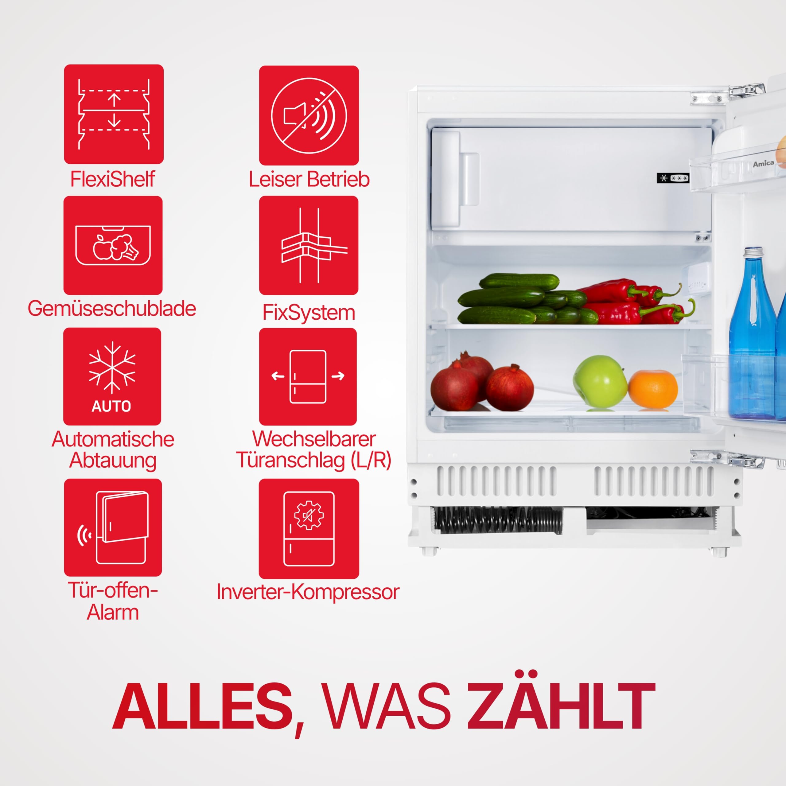 Amica Unterbau Kühlschrank mit Gefrierfach für 82 cm Nische Festtür-Technik elektronische Steuerung Inverter Kompressor Tür-Offen-Alarm