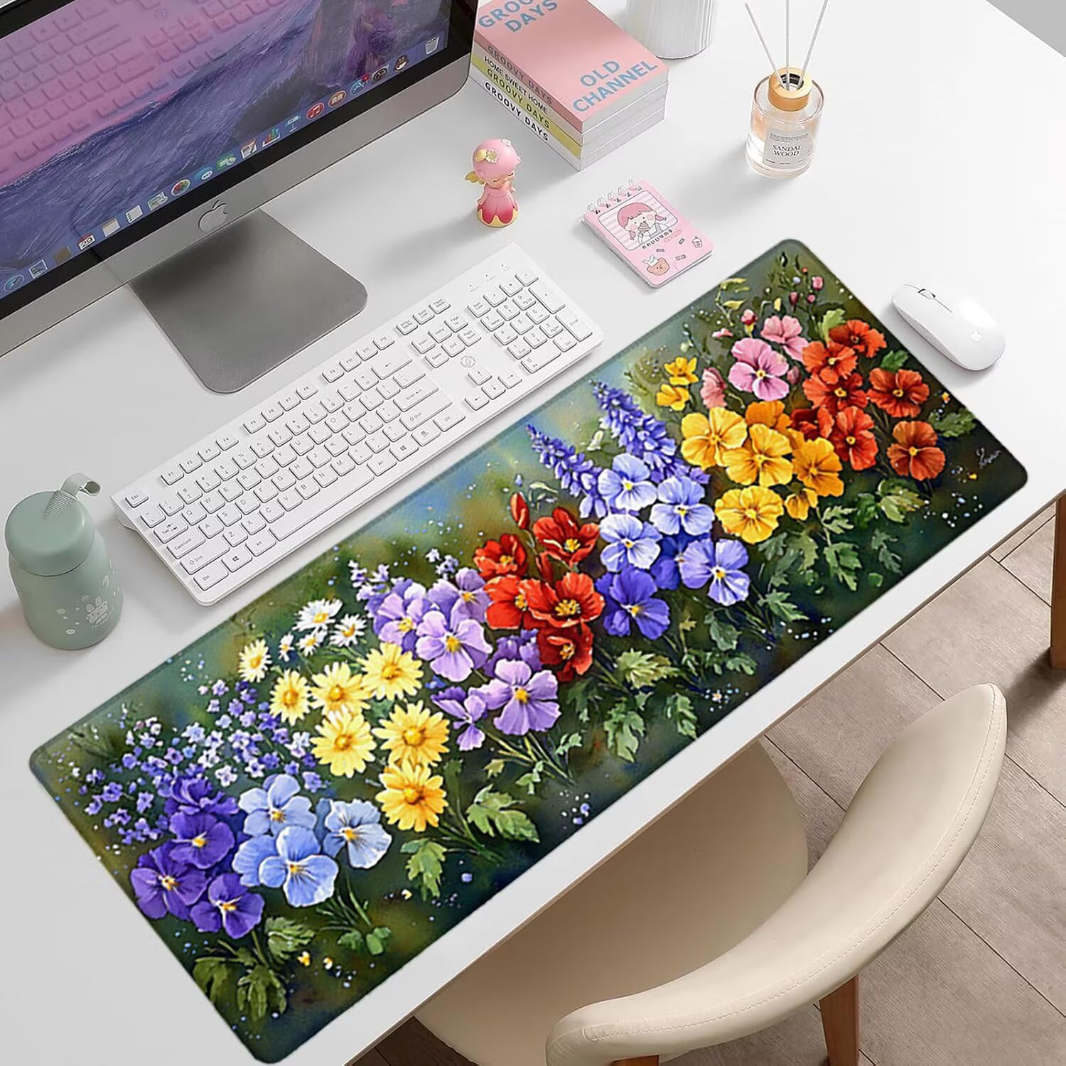 Podkładka pod mysz do gier XXL - 1400 x 600 x 3 mm - kwiatowa duża antypoślizgowa podkładka pod klawiaturę biurową z przeszytymi krawędziami, zielona duża podkładka pod mysz do gier do biura i domu