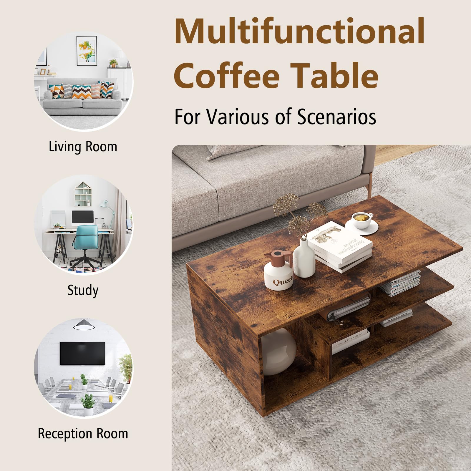 GIANTEX Mesa de Centro con Estantes Abiertos, 90 x 50 x 42 cm, Mesa de Café con Estante Central en Forma de L, Mesa de Té Rectangular de 3 Niveles, para Salón, Oficina (Marrón Rústico)