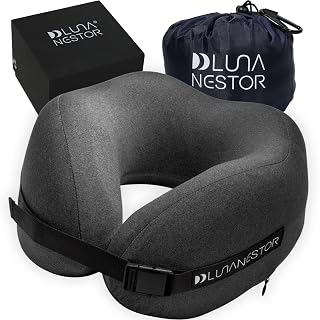 Memory Foam Nackenkissen für Flugzeug, Auto, Zug & Reise – 360° Halt für mittlere bis breite Nacken – Ergonomisches Reisekissen, waschbar, mit Transporttasche (Grau) - Amazon product rated Grade A
