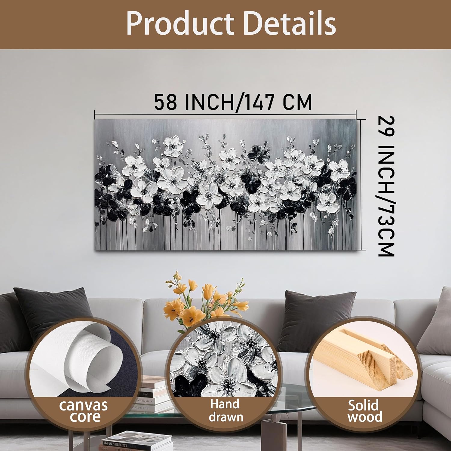 Tarfupth Black and White Flower Wall Art for Living Room Large Blossom Hand Painted Modern Floral Artwork for Bedroom Office Kitchen Home Decor 29"x58"