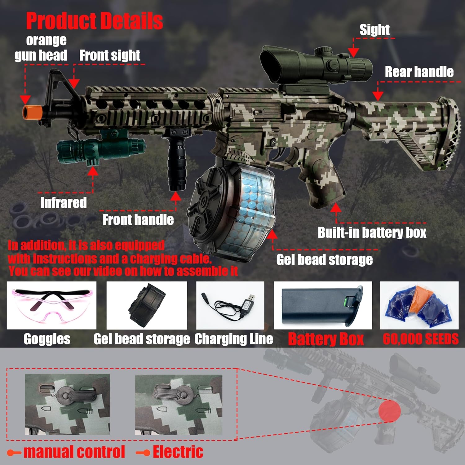 M416 Large Gel Splat Blaster for with Goggles, with Drum and Manual & Electric Dual Mode Gel Splat Blaster, for Team Game - Ages 14 +(Camouflage) A1- Camouflage Grey image 3 of 6 B0BSH5QFL4