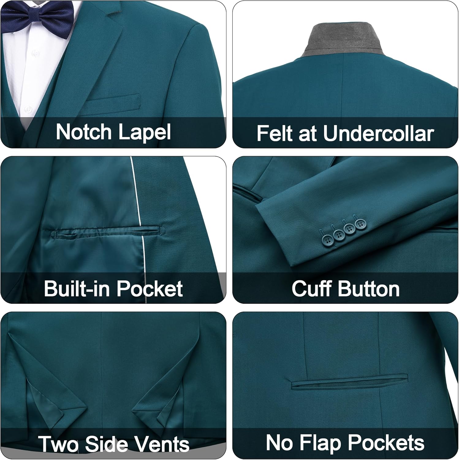 MAGE MALE Men's 3 Pieces Solid One Button Suit Elegant Slim Fit Single Breasted Party Tuxedo Blazer Vest Pants Set - Image 5