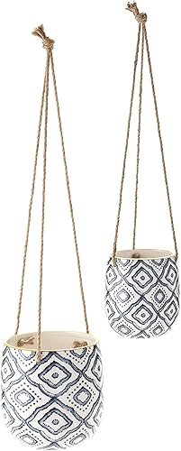 The Lakeside Collection Macetas colgantes de cerámica con diseño geométrico azul pintado, juego de 2