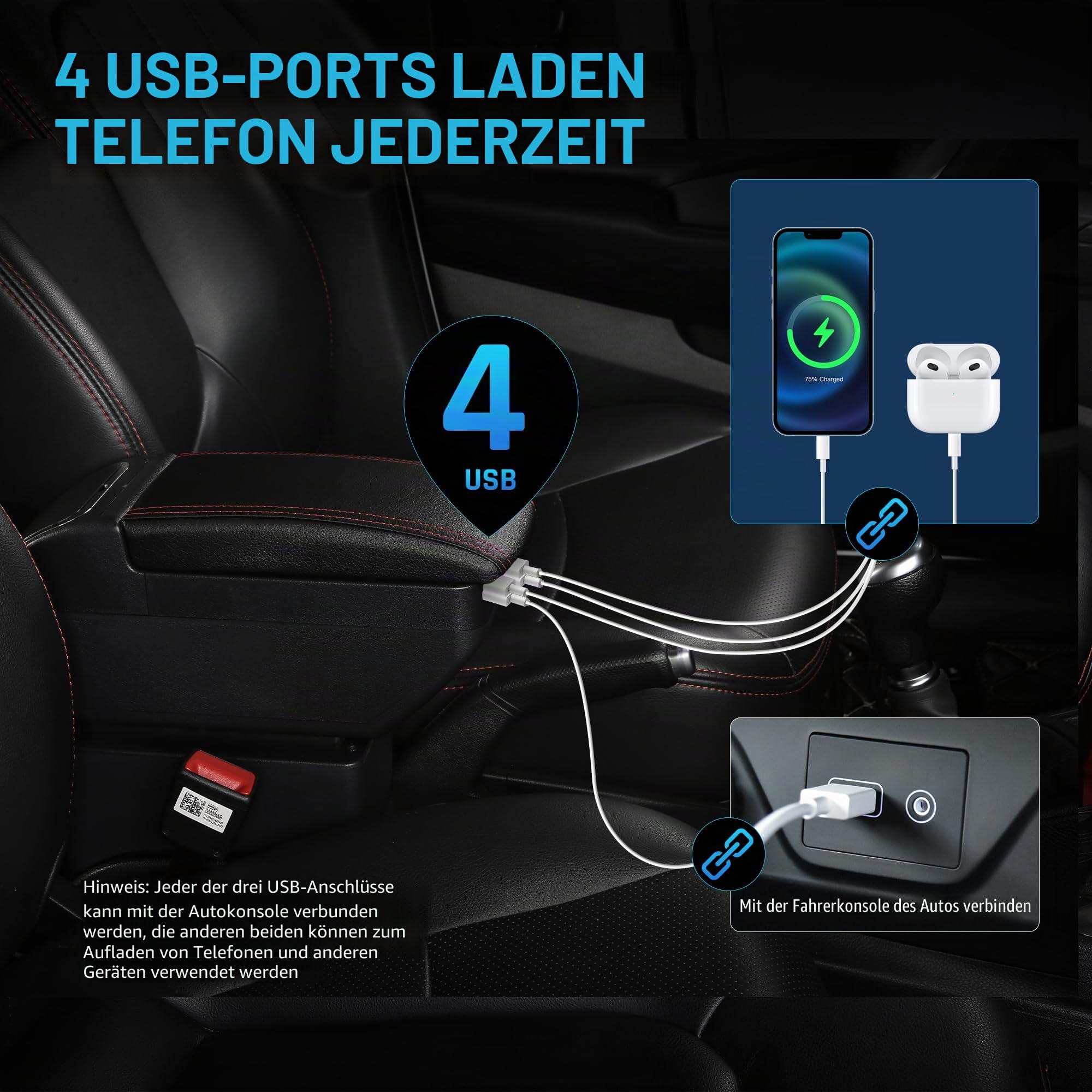 Auto Armlehne für Ford Fiesta 2009-2017 Doppelschicht Mittelkonsole Große Aufbewahrungsbox mit 4 USB-Ladeanschluss Becherhalter Zubehör Schwarz