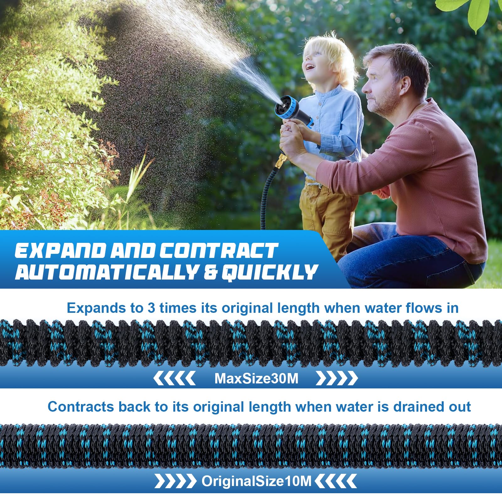 Jsdoin Tubo Acqua Giardino 30 Metri - Estensibile per con Pistola a Spruzzo 10 Funzioni, Canna Irrigazione Adattatori da 1/2" e 3/4" Innaffiare,Giardinaggio Lavaggio Auto (30M/100FT)
