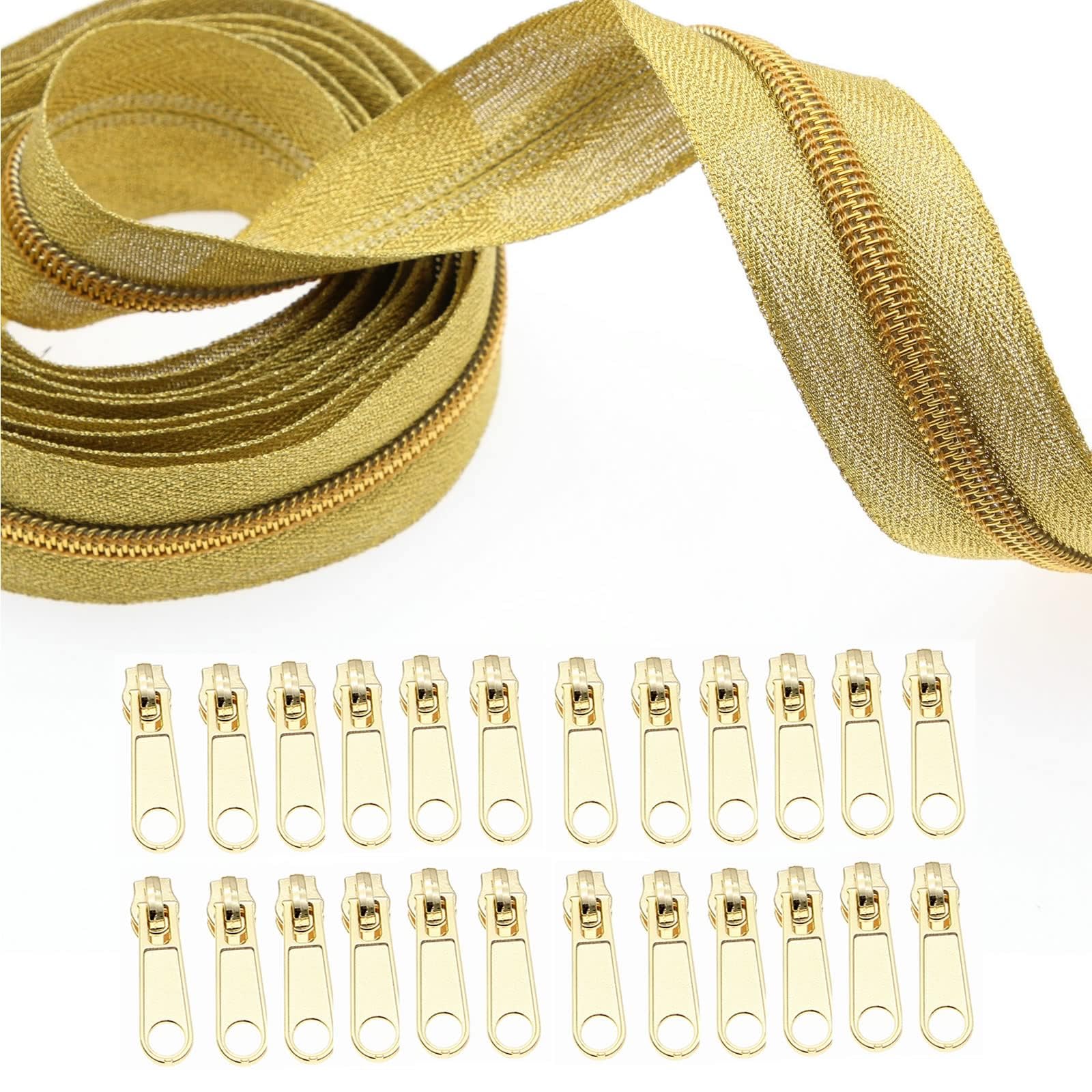 5# Gold Metallic Nylon Coil Zippers by The Yard, Bulk Gold Zipper Tape 10 Yards with 20Pcs Pulls for DIY Sewing Craft Bags YIGUANXIN - Image 4