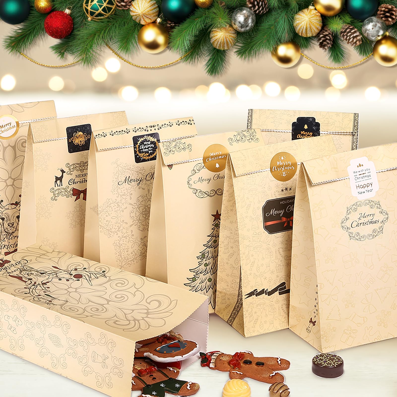 Kesote 24 Pochette Cadeau Noël Avec Autocollants - Sacs Papier Kraft 21x12x8cm Pour Bonbons, Biscuits Et Petits Cadeaux