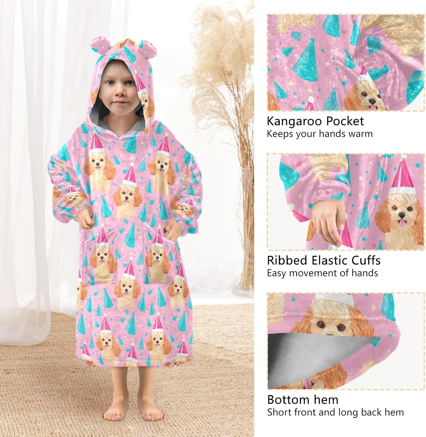 Birthday Dog Wearable Blankets for Kids, Soft Warm Cozy Blanket Hoodie for Boys Girls with Pocket