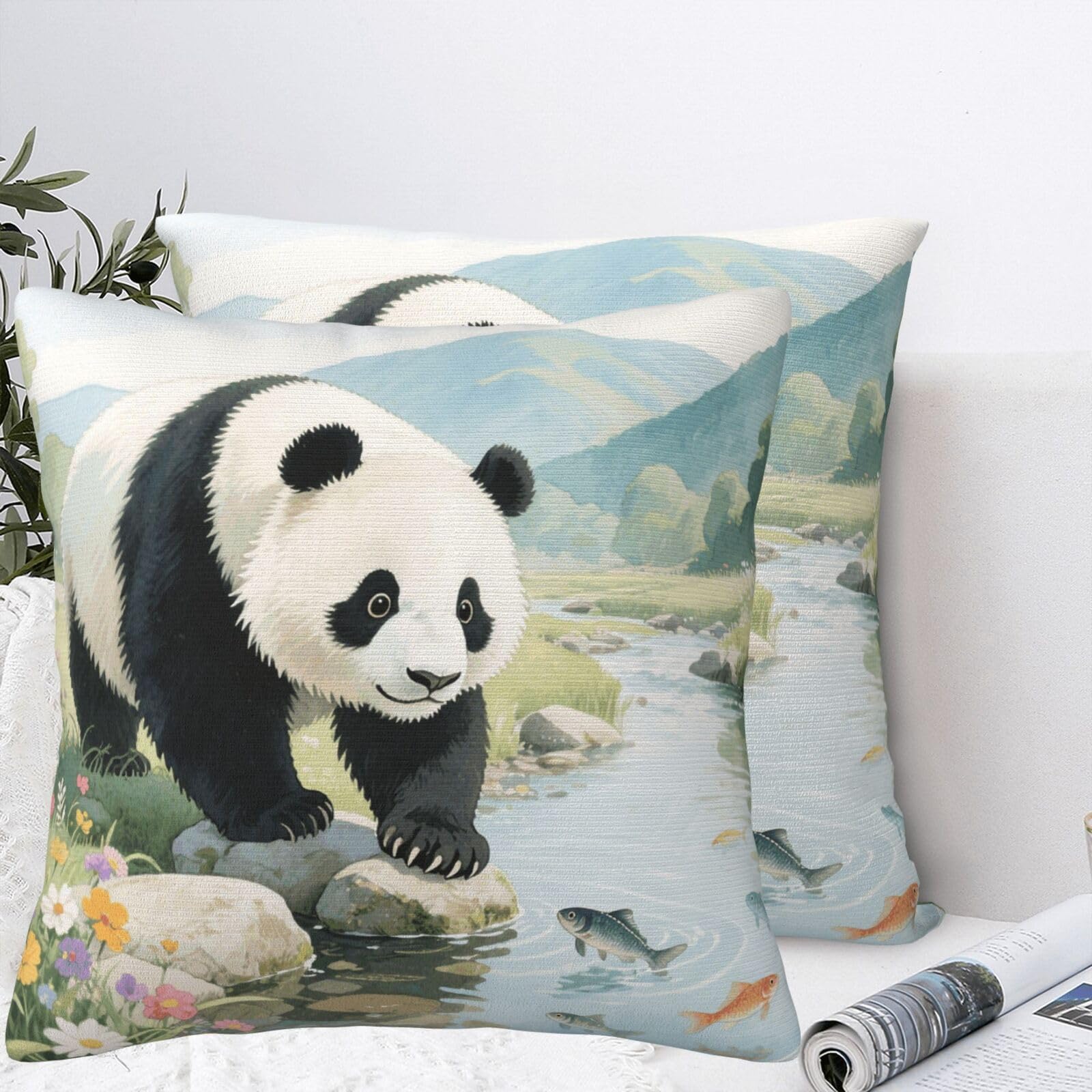 BTCOWZRV Panda Playful Fish Plush Throw Pillow Covers 22"X22",Soft Cozy Couch Cushion Covers Decorative Pillow Cases for Holiday Home Bedroom Sofa Decors