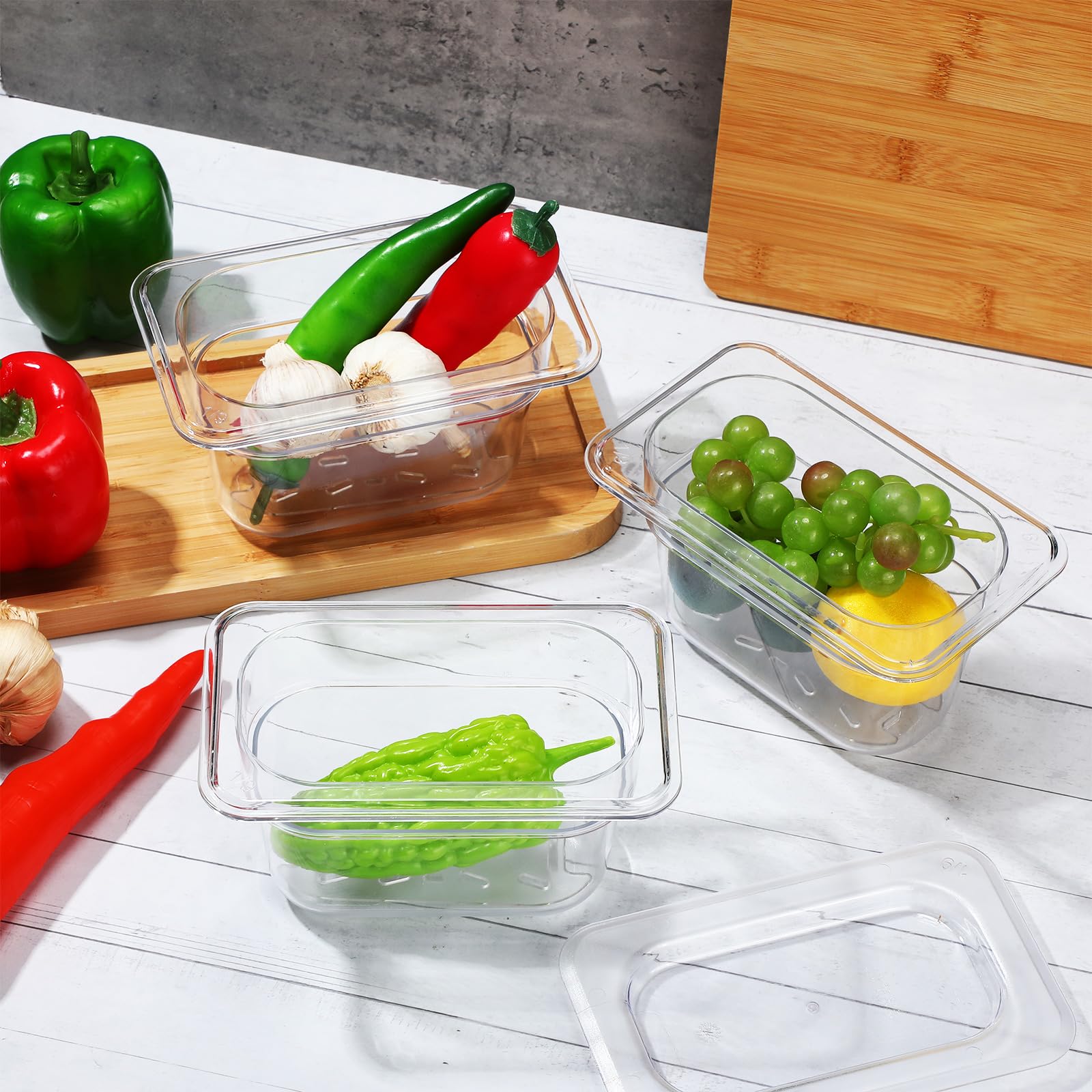 Sunnyray Juego de 6 sartenes de policarbonato de tamaño 1/9 con tapas y estante de drenaje, recipientes cuadrados profundos para almacenamiento de alimentos para cocina, restaurante, frutas y verduras