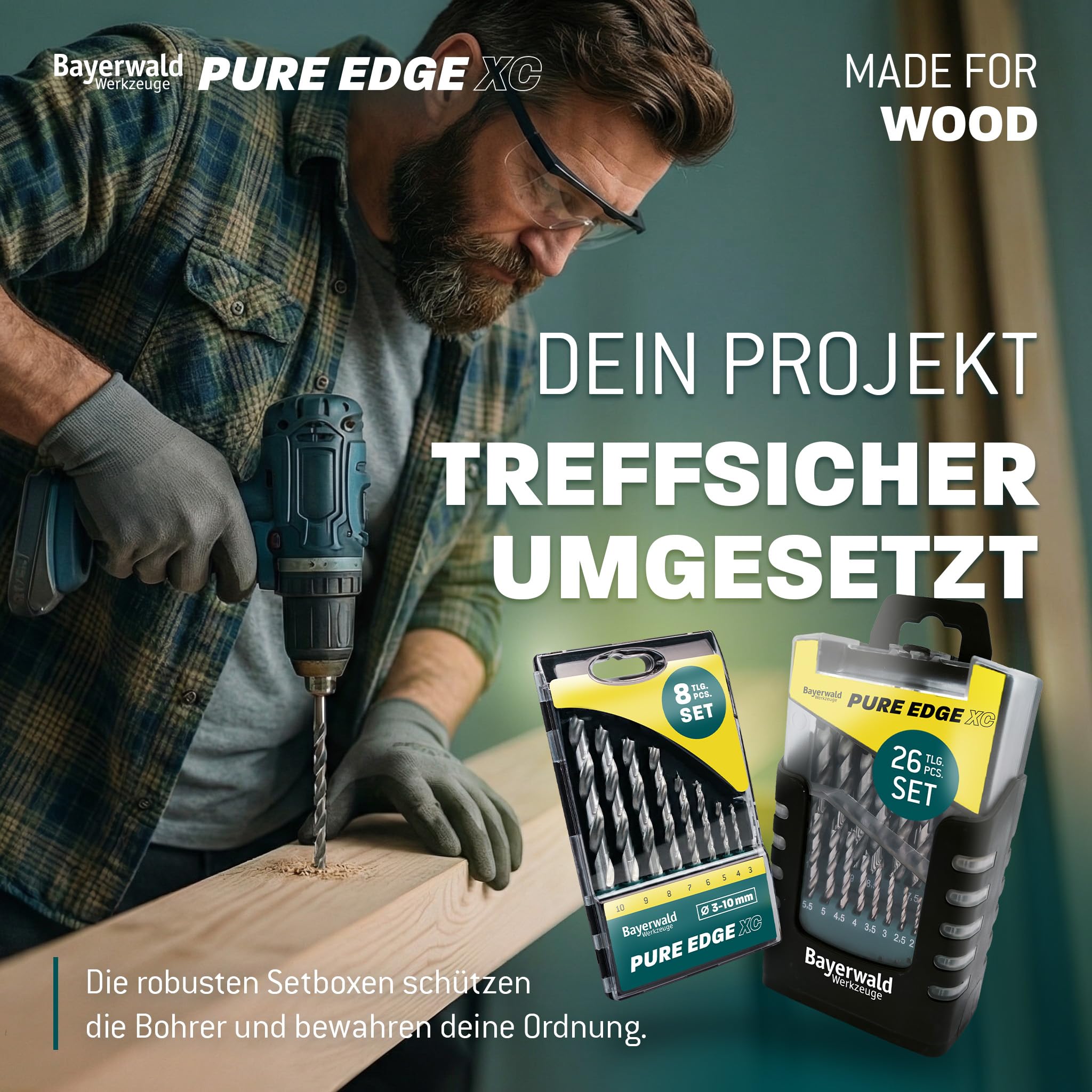 Set di punte per trapano HSS Pure Edge XC, 26 pezzi, 1 – 13 mm Bayerwald Tools – Xtra Clean con punta di centraggio Brad Point & svasatore conico – fori senza schegge in legno morbido/duro e materiali