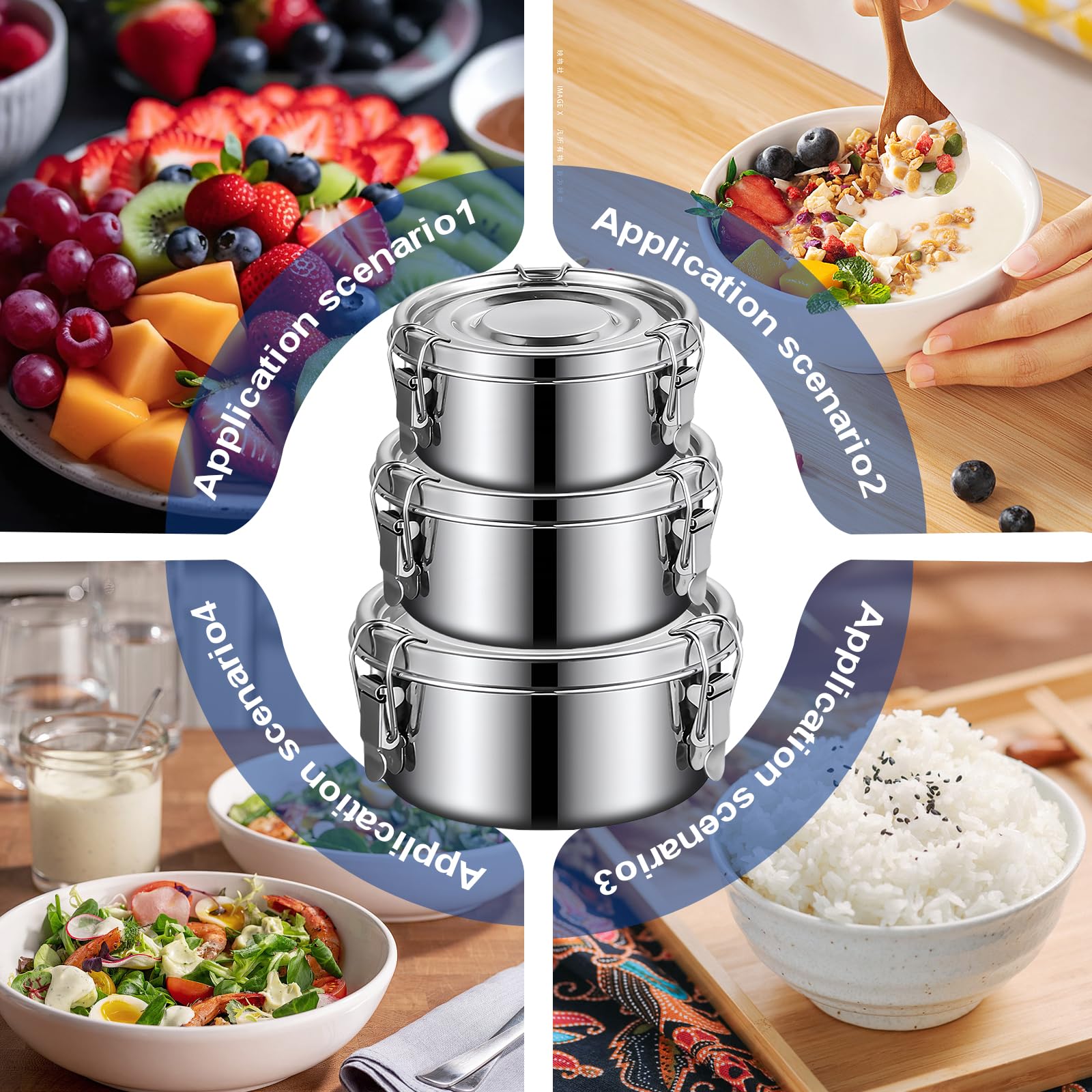 SUNOYA Contenitore per il pranzo in acciaio inox, 3 pezzi, 500 ml, 1000 ml, 1500 ml, argento, ermetico, per casa, ufficio, picnic