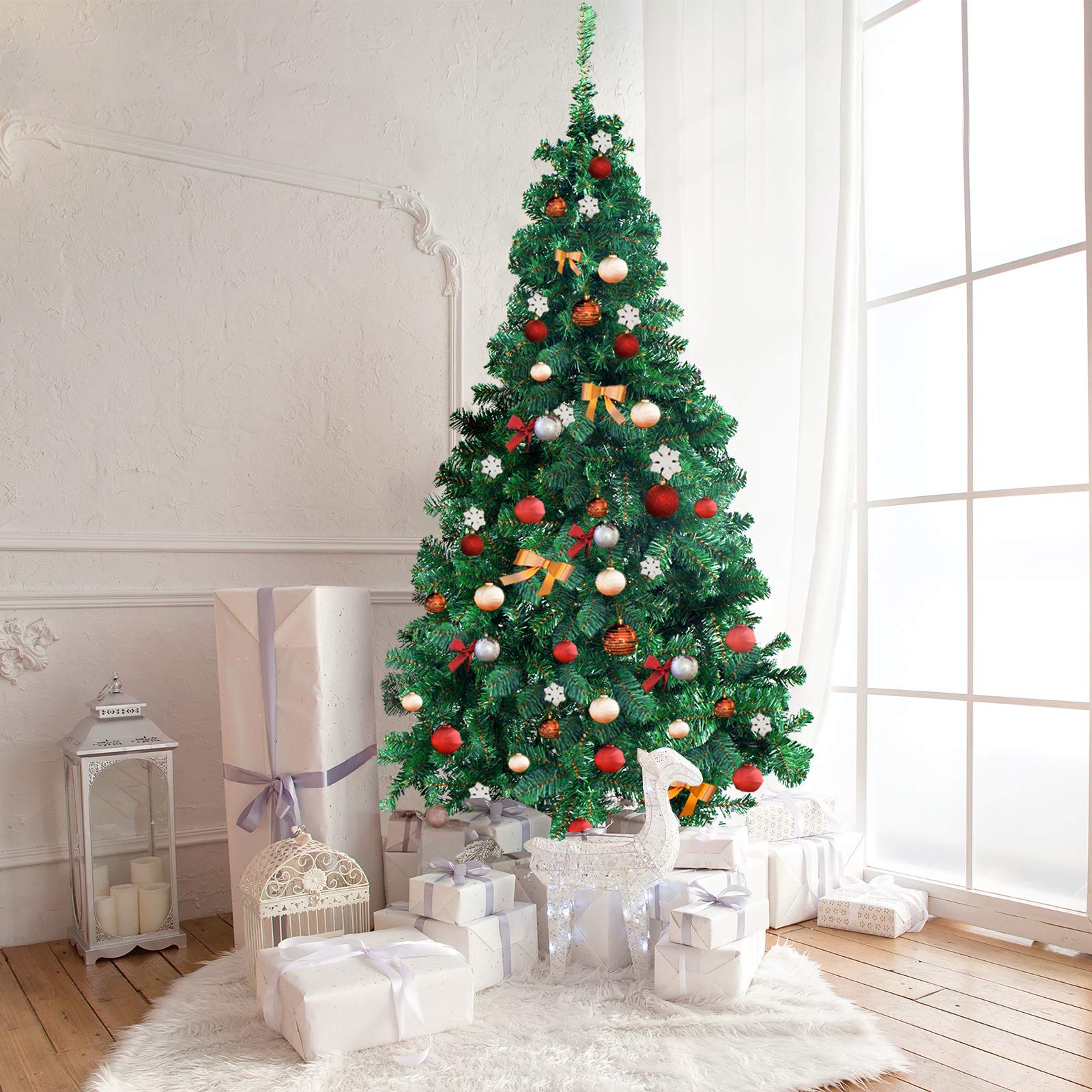 GOPLUS 150/180/210/240cm Árbol de Navidad Artificial Automatica Verde, Decoración Navideña con Soporte de Metal, Árvore de Natal de Abeto Verde con 950 Puntas de Ramas de PVC Ignífuga (210cm)