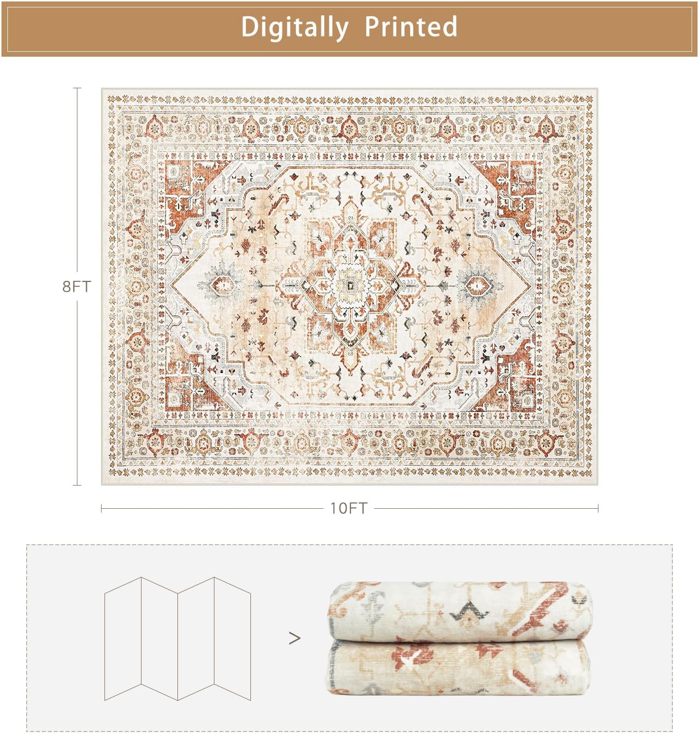 Srugn Washable Rugs 8x10 Area Rugs for Living Room,Rugs for Bedroom,Large Carpets,Ultra Soft Faux Wool Retro Dining Room Rug,Non Slip&Non-Shedding Low Pile Vintage Print Rug for Home Office,Orange thumbnail
