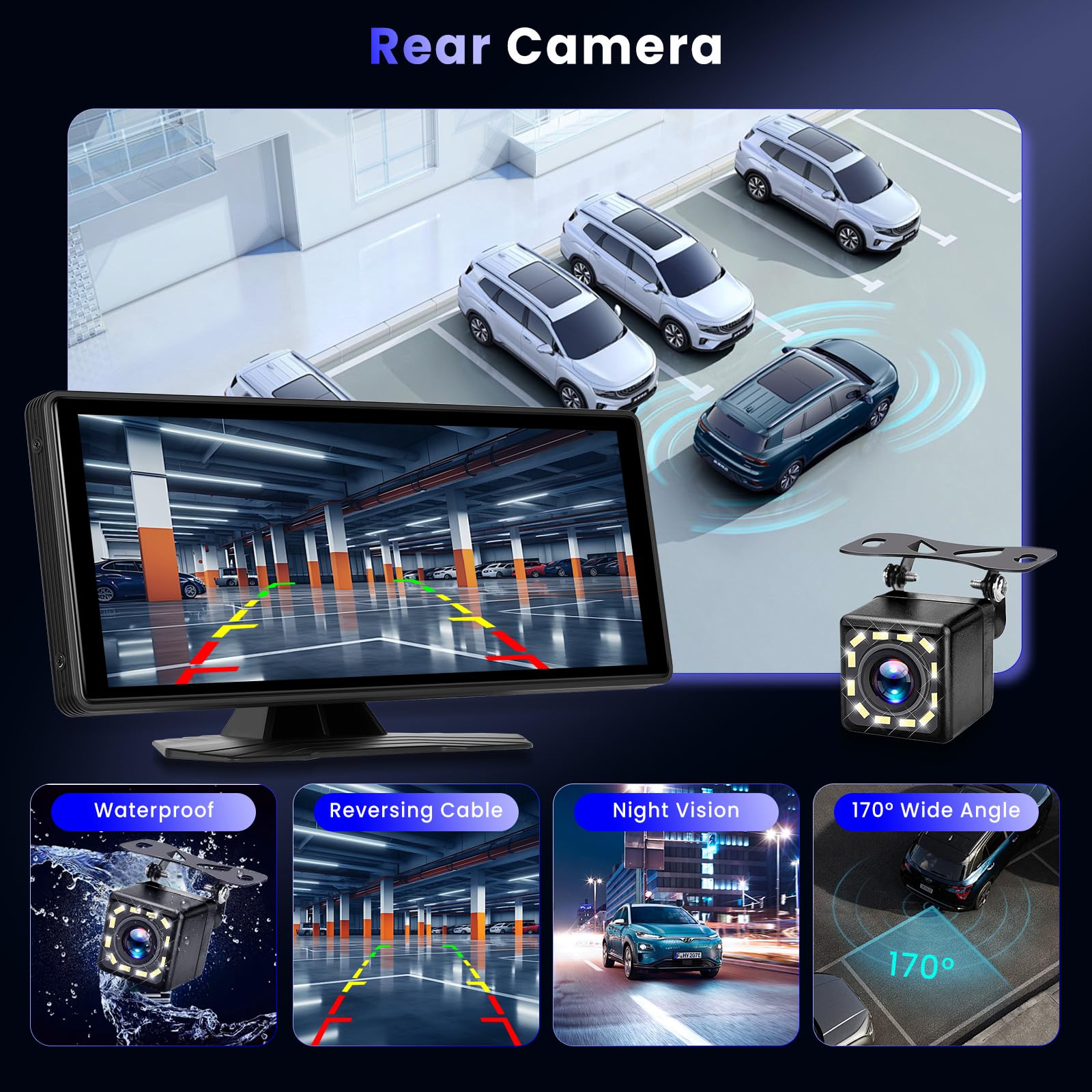Hodozzy Bezprzewodowy ekran samochodowy Carplay z systemem Android, 10,26 cala, przenośne radio samochodowe Bluetooth z ekranem dotykowym IPS, EQ/Airplay, sterowanie głosem, nadajnik AUX/TF/FM +