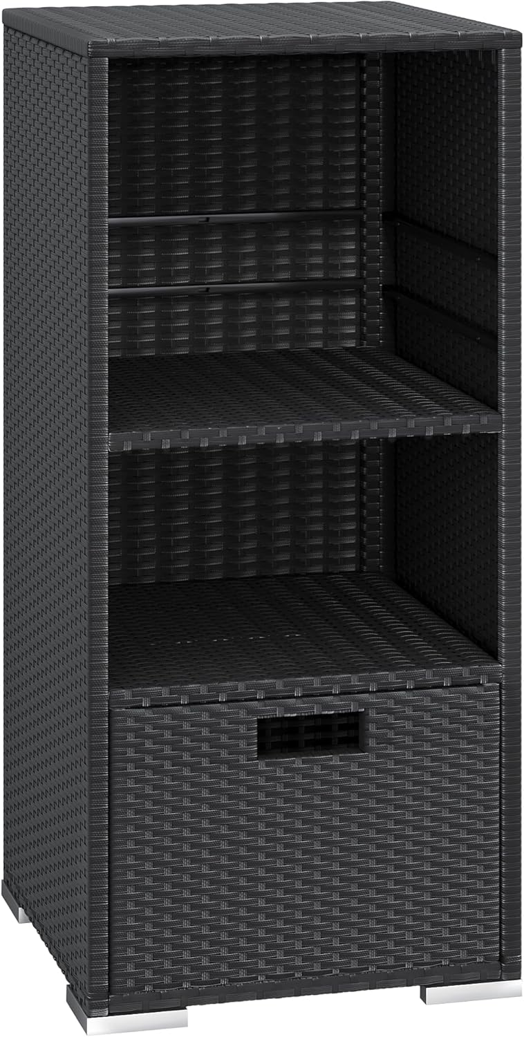 Greesum Rattan Storage Shed, Outdoor Towel Rack with 2 Storage Shelves & 1 Bottom Drawer, Suitable for Pool Patio Garden Deck, Black