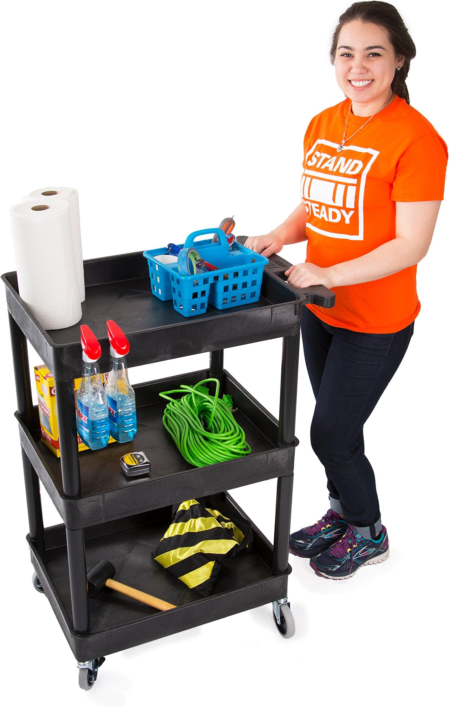 Stand Steady Tubstr Compact 3 Shelf Utility Cart | Heavy Duty Service Cart Supports up to 300 lbs! | Tub Cart with Deep Shelves | Great for Warehouse, Garage, Cleaning & More (3 Shelf/Black / 24 x 18)