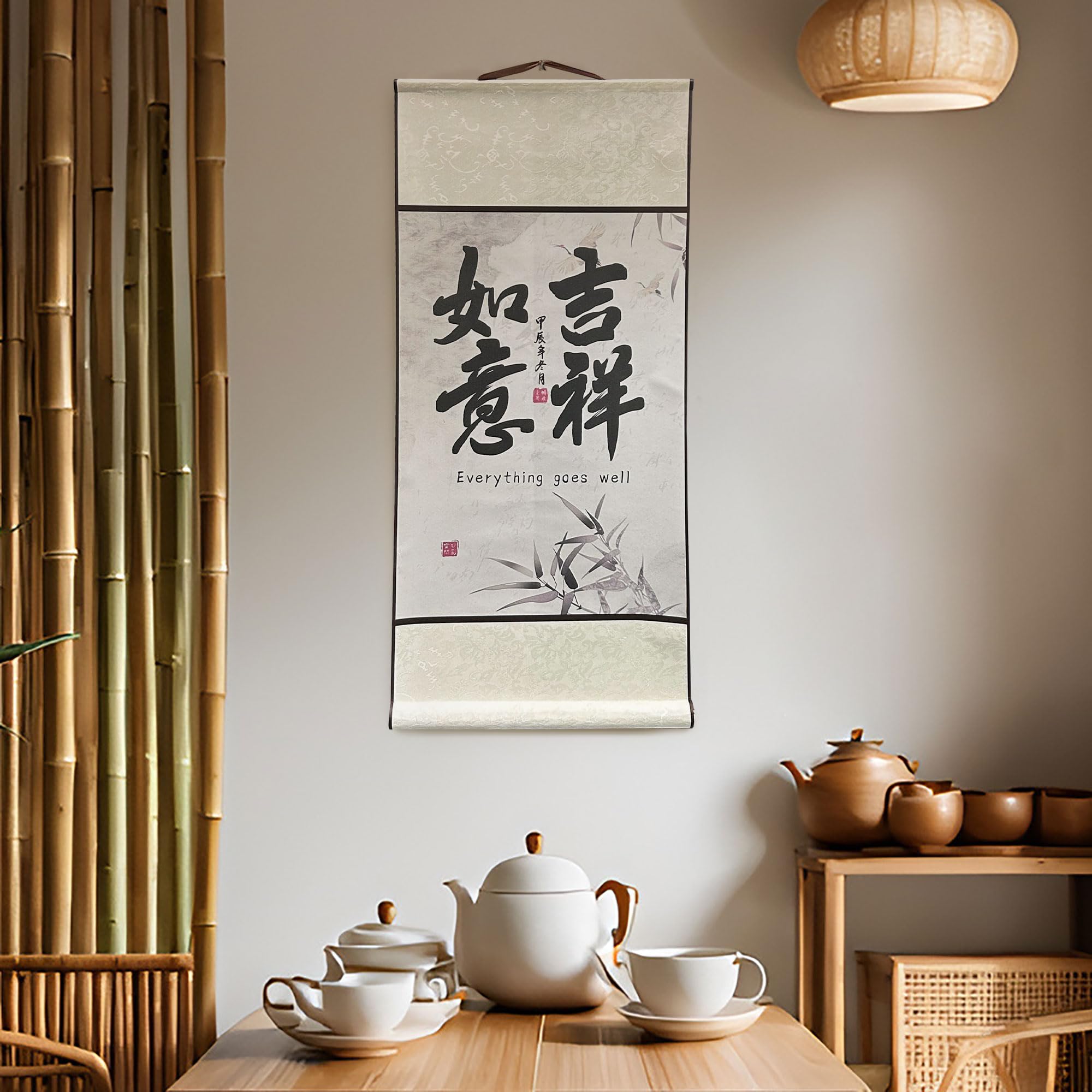 BACH AND BOUJEE Chinesische Kultur Malerei Scrolls Silk Hanging Paintings Alles läuft gut Asiatische Dekoration für Zuhause Hängende Gemälde für Wohnzimmer Chinesischer Segen Hängende Malerei