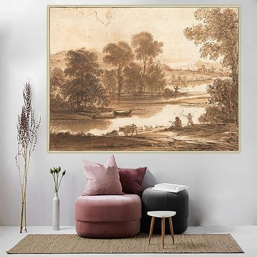 Miniatura 2 de Lienzo famoso impreso Claude Lorrain "Llanura de inundación con punto de agua" lienzo cuadro de arte de pared para decoración de oficina 11.8x15.4