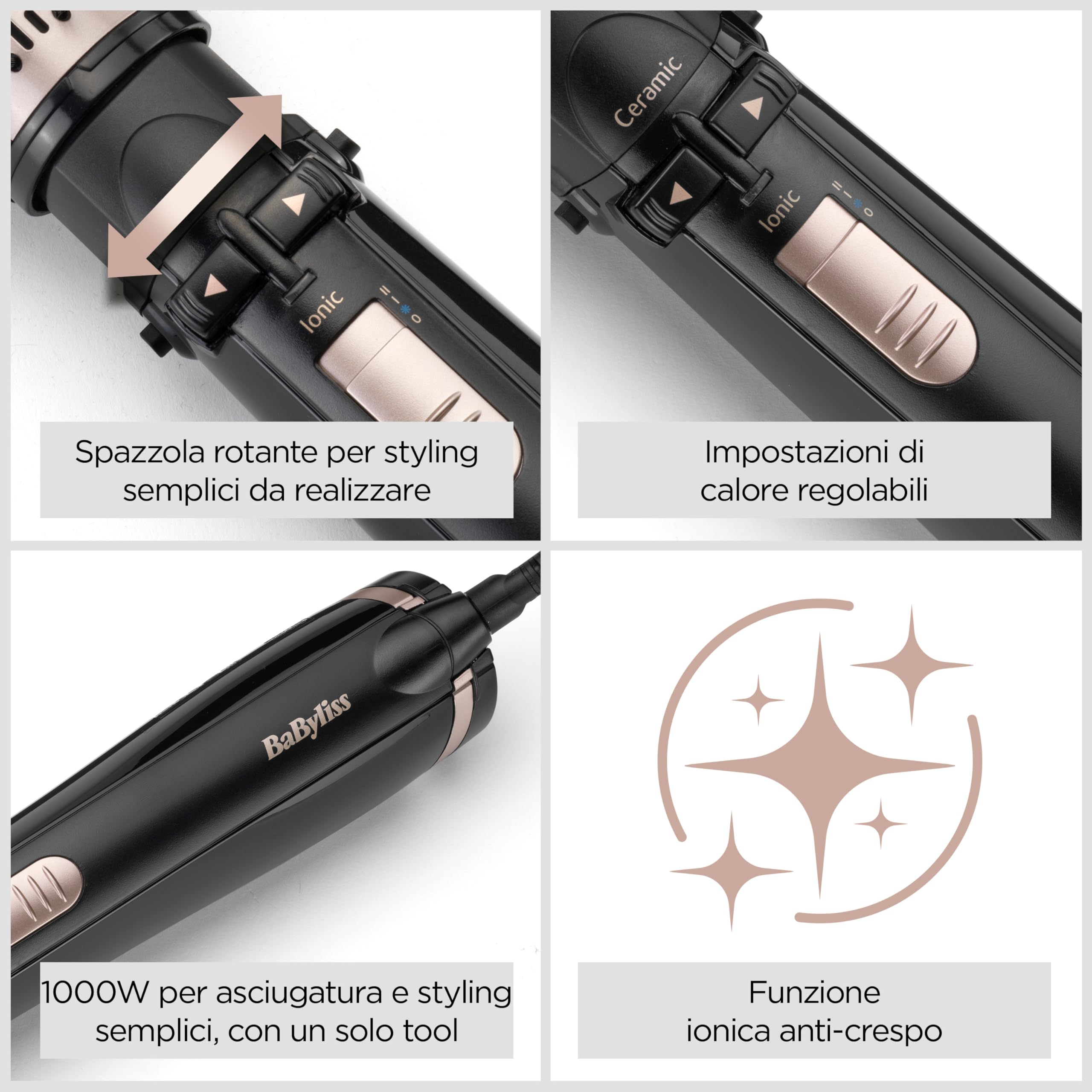 BaByliss Spazzola rotante ad aria calda, 4 accessori intercambiabili per asciugare, modellare, lisciare e volumizzare, 2 temperature più aria fredda, 2 direzioni di rotazione, 1000 W AS200E