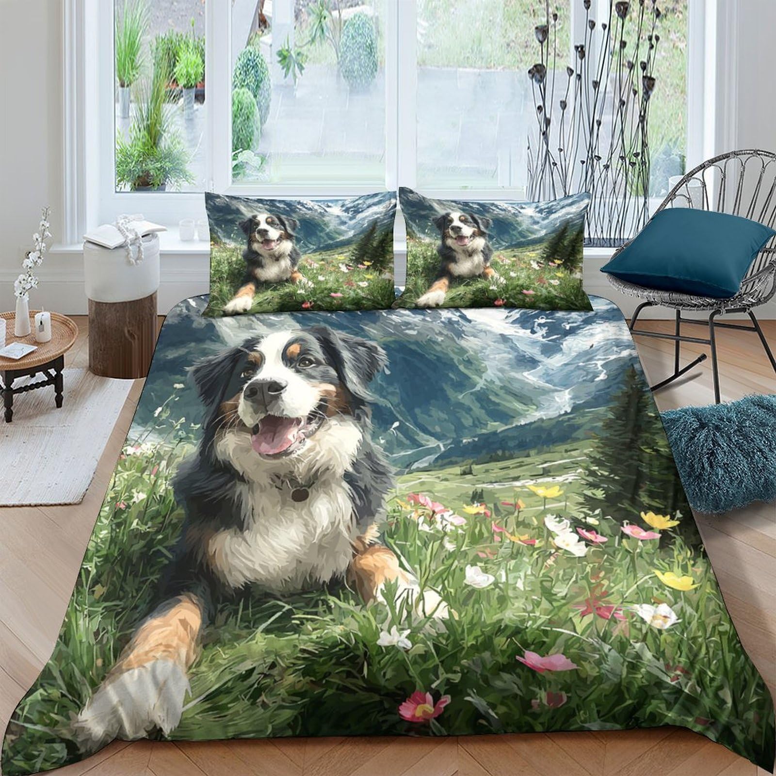 Ctjqhvkz Style-5 3D Printed Bernese Mountain Dog Fitted Sheet Microfiber Soft Spring Meadow Bed Cover Non-Slip For Bedroom Guestroom Decor Single（135X200cm）