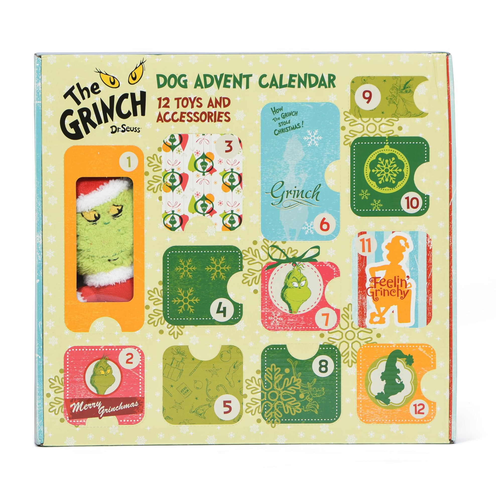 Dr. Seuss 'For Pets How the Grinch Stole Świąteczny kalendarz adwentowy dla psa z 12 zabawkami i akcesoriami niespodzianek; wypchacze do pończoch, prezenty świąteczne dla psów, prezenty świąteczne dla