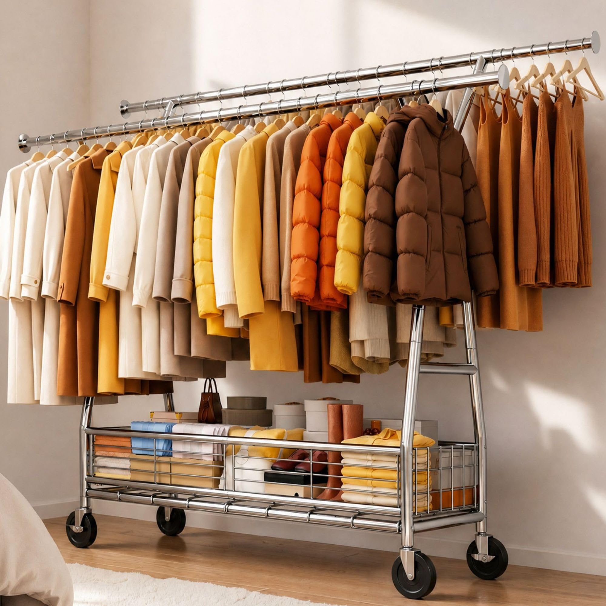 Portant à Vêtements Solide à Roulettes avec Panier, charge 200KG
