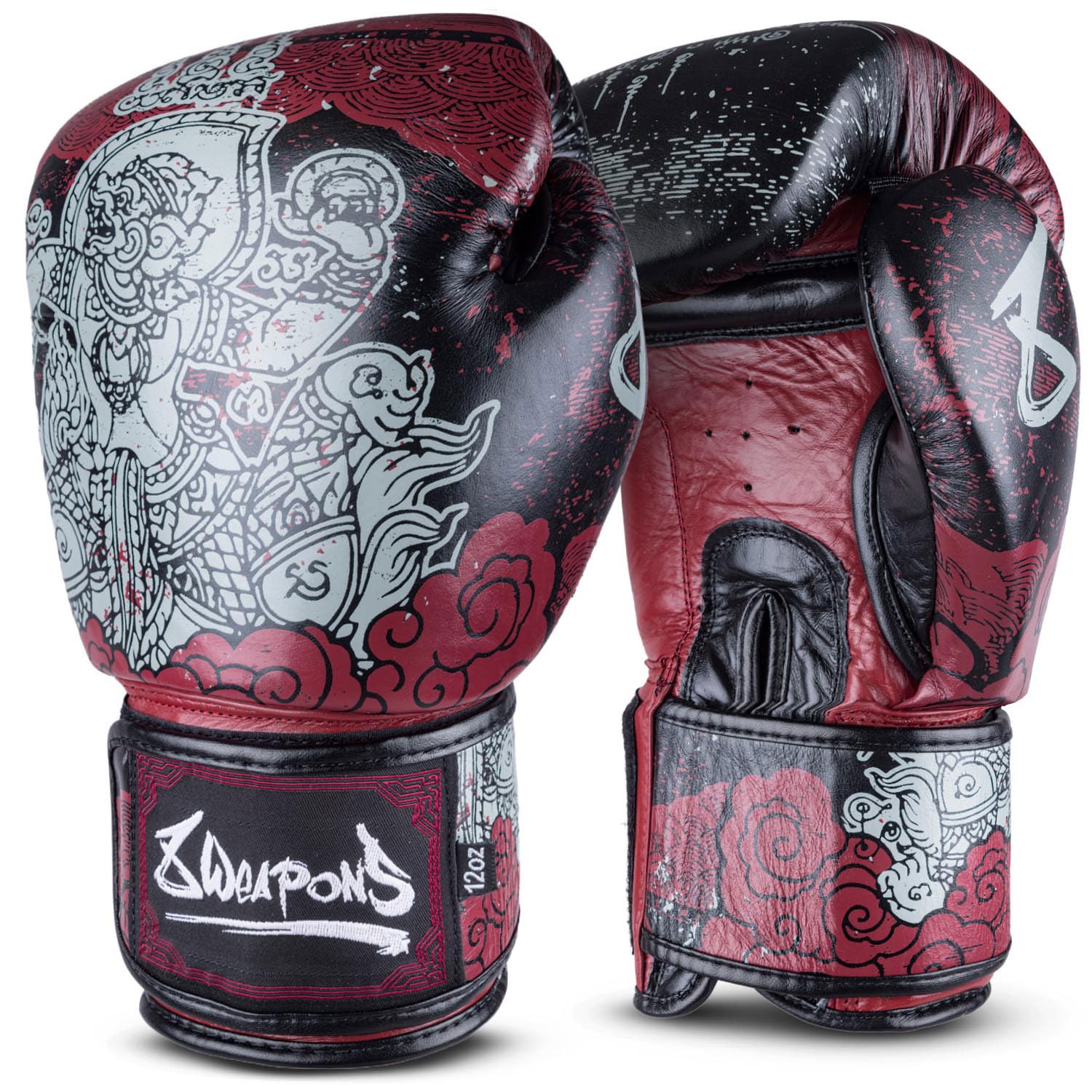 8 WEAPONS Boxhandschuhe Hanuman Yant, Schwarz-rot, Training, Sparring & Wettkampf, Leder, Perfekte Dämpfung & stabile Nähte, Handschuhe für Muay Thai, K1, Boxen, MMA und Kickboxen