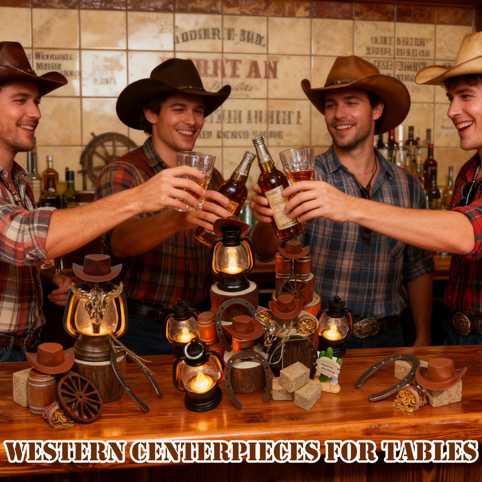 Exasinine Set di 60 decorazioni per feste a tema cowboy, mini cappello da cowboy, lanterna, ferro di cavallo, ruota di carro, balle di fieno, botti di vino, rustico, occidentale, decorazione per feste